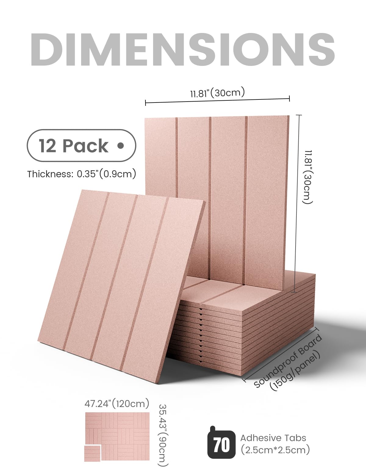 Fluxynara Felt Bulletin Board Tiles Large 48" x 36" Cork Board Alternative-12 Pack with 70 Adhesive Tabs, Thick Slat Wall Panels for Office Decor, Push Pin Board Wall Organizer Alternative -Pink