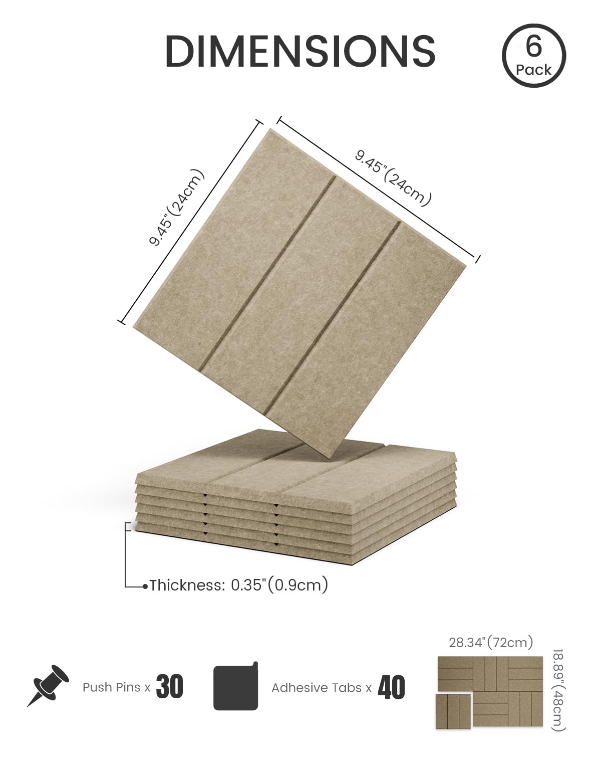 Felt Bulletin Board Tiles -28"x18" with 40 Adhesive Tabs, Cork Board Alternative for Office Decor, Push Pin Board Wall Organizer 6-Pack (Earth Brown)