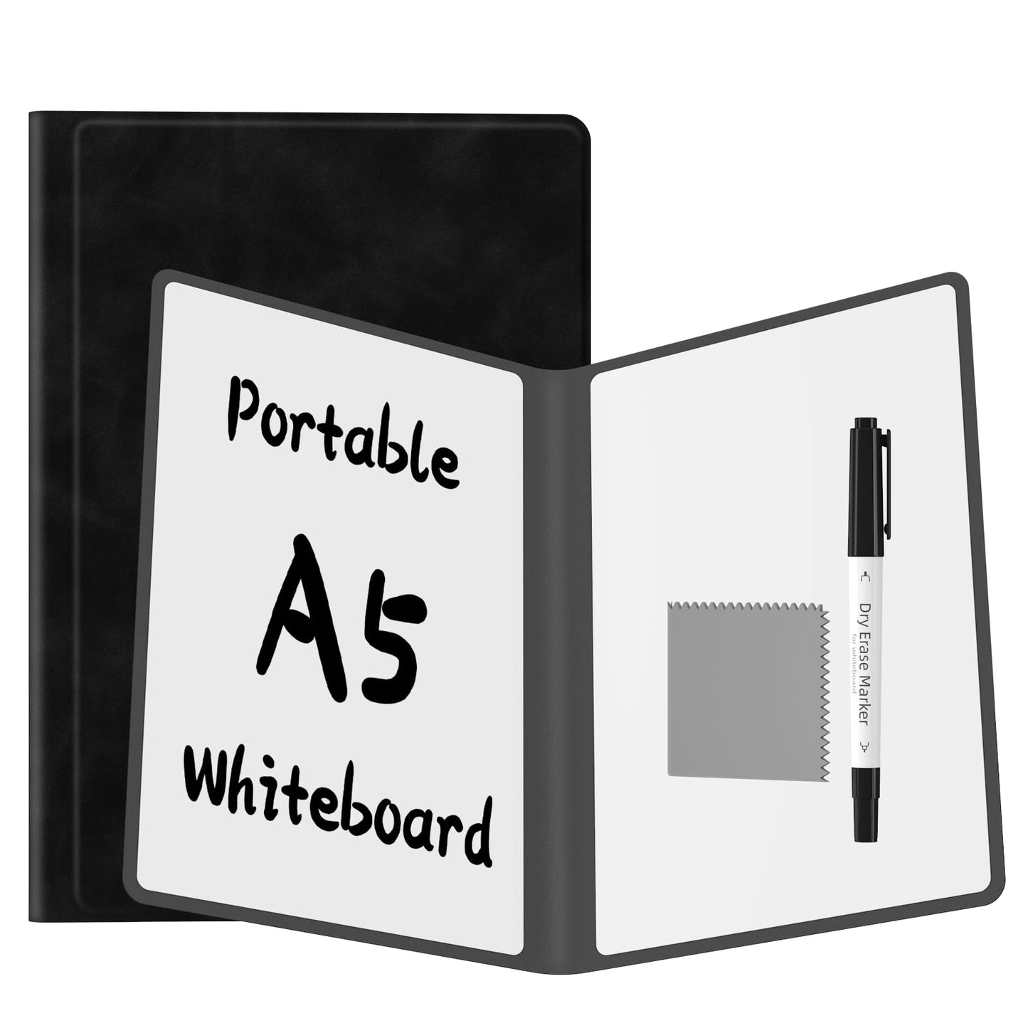 Portable Dry Erase Board,Reusable Whiteboard Notebook, Double-Sided White Board PU Cover 9.5"x6.6" with Marker,Wipe Cloth (Dark Black)