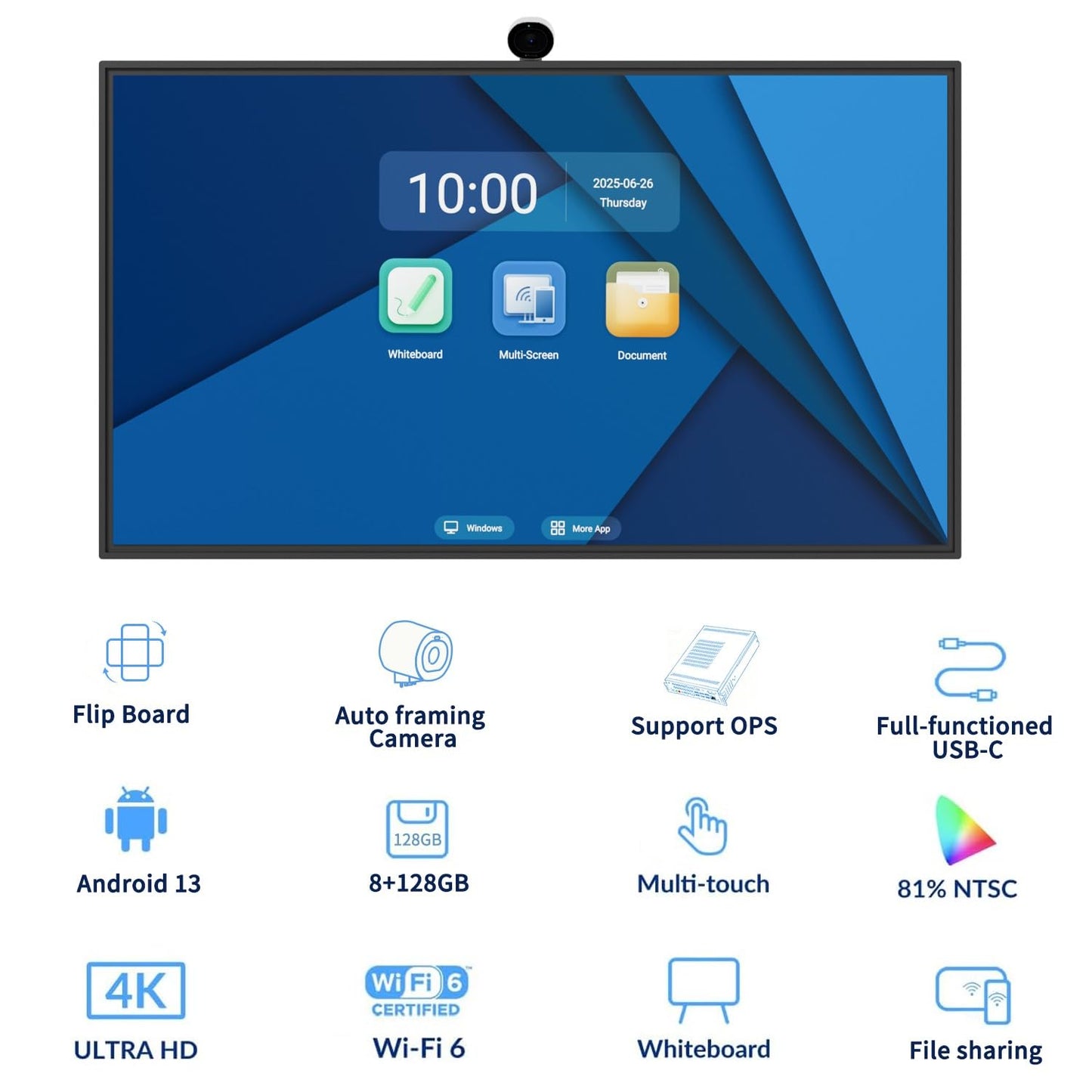 TIBURN Flip Board 55" S2 Smart Board, 4K UHD Smart Whiteboard with TIBURN HQ Eyes S2 Auto Framing Camera, Rotating Adaptive Digital Board for Home and Business with Stand