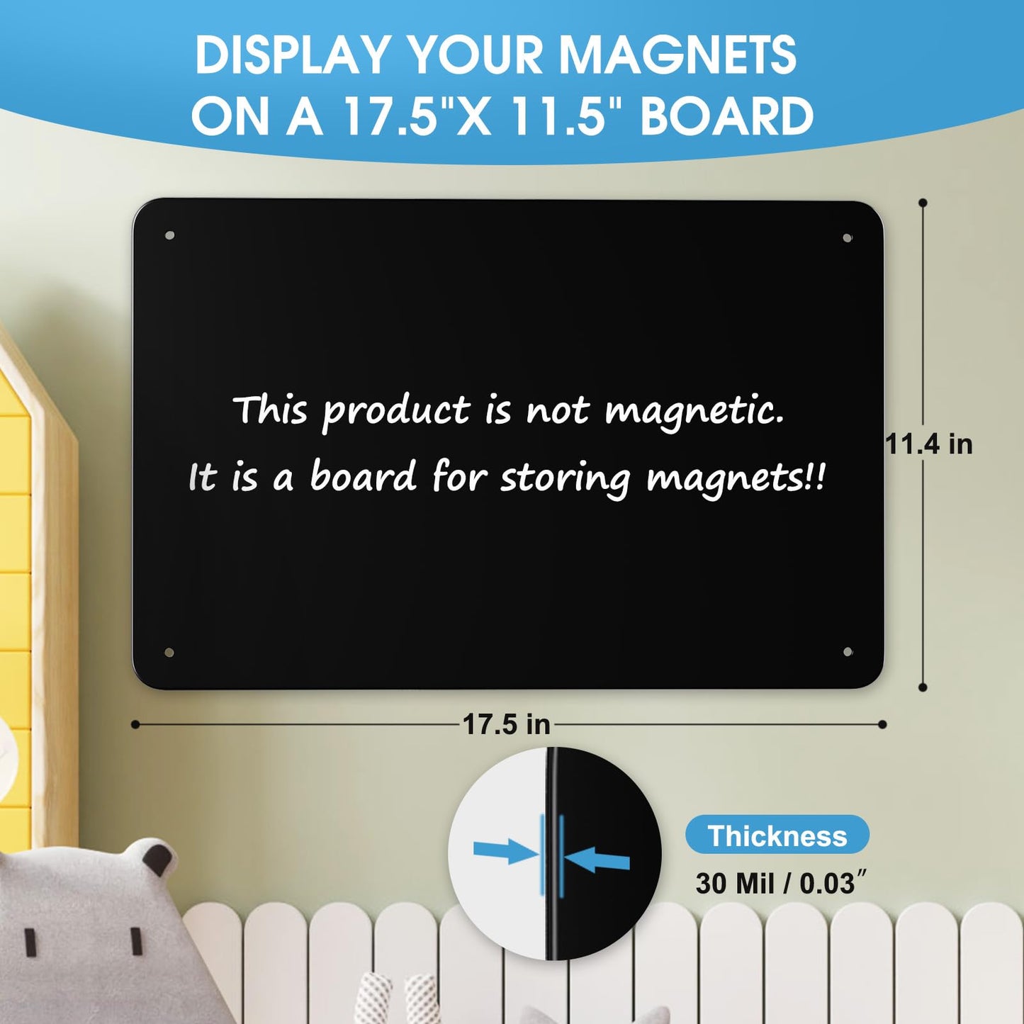 MaxGear Magnetic Board 17.5" x 11.4" Black Metal Magnet Bulletin Board for Wall, Refrigerator, Magnetic Board Display Notes, Photos, and More - Includes Dual Lock Tape and Screws