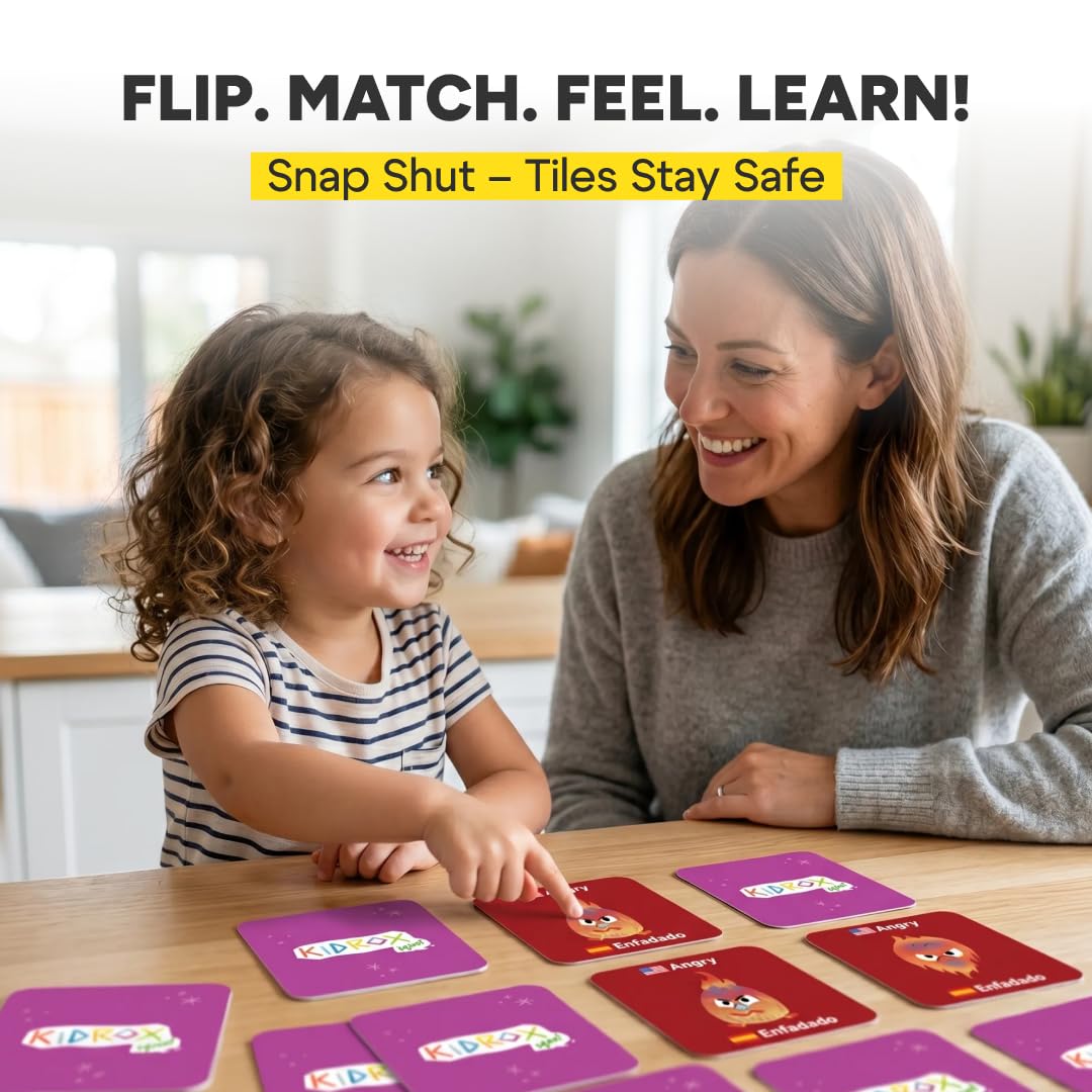 Kidrox Emotions Matching Game – Bilingual Memory Card Game in English & Spanish for Kids Ages 3+ | Learn & Mimic Emotions with Kidrox Squad | Premium Magnetic Box | 40 Tiles