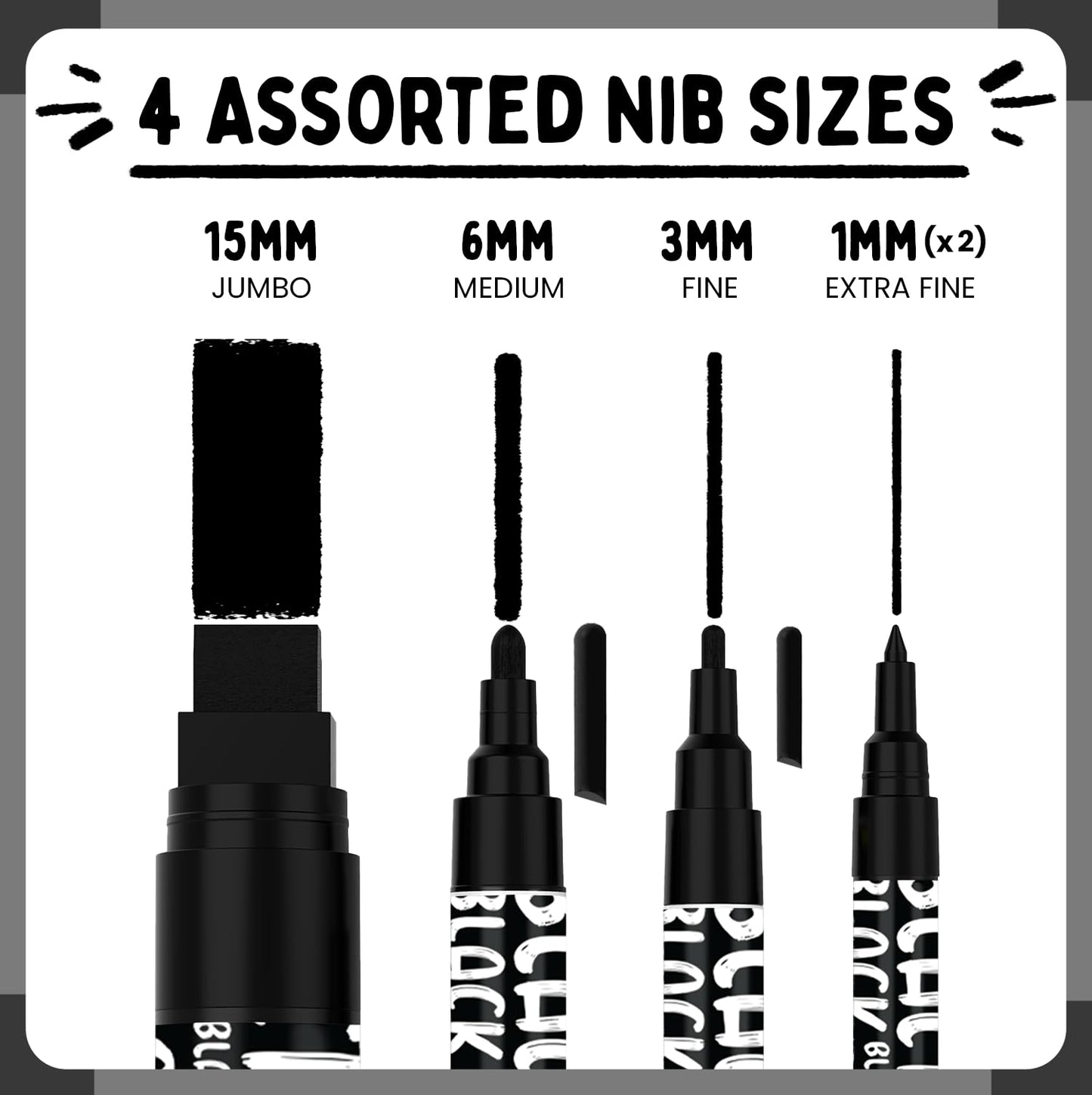 Chalkola 5 Black Liquid Chalk Markers for Blackboard, Chalkboard Signs, Car Windows, Glass - Washable Black Dry Erase Markers | Variety Pack - Fine & Jumbo Size Chalk Pen (1mm, 3mm, 6mm, 15mm)