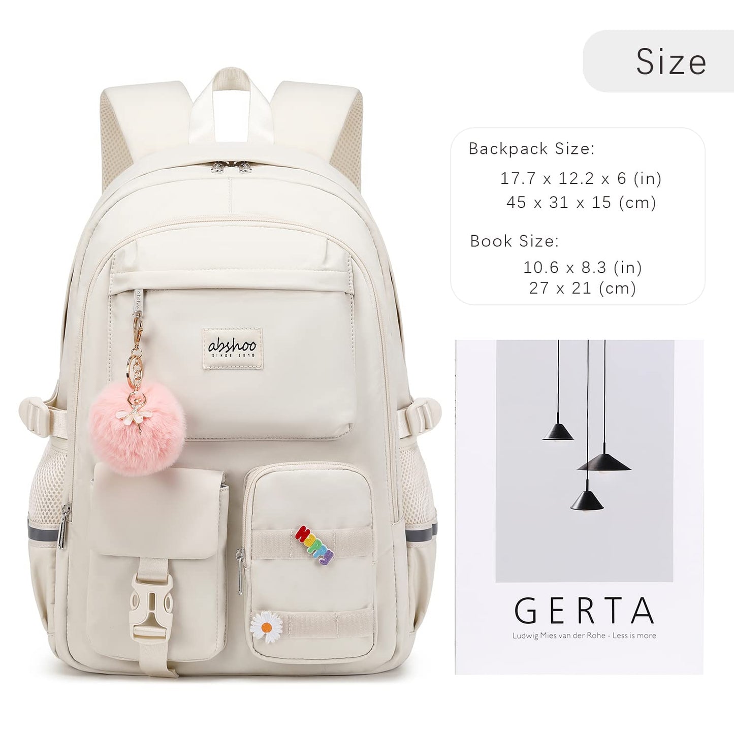abshoo School Backpack for Girls Bookbag with Lunch Bag Teen Girls School Bag Travel Daypack (Beige)