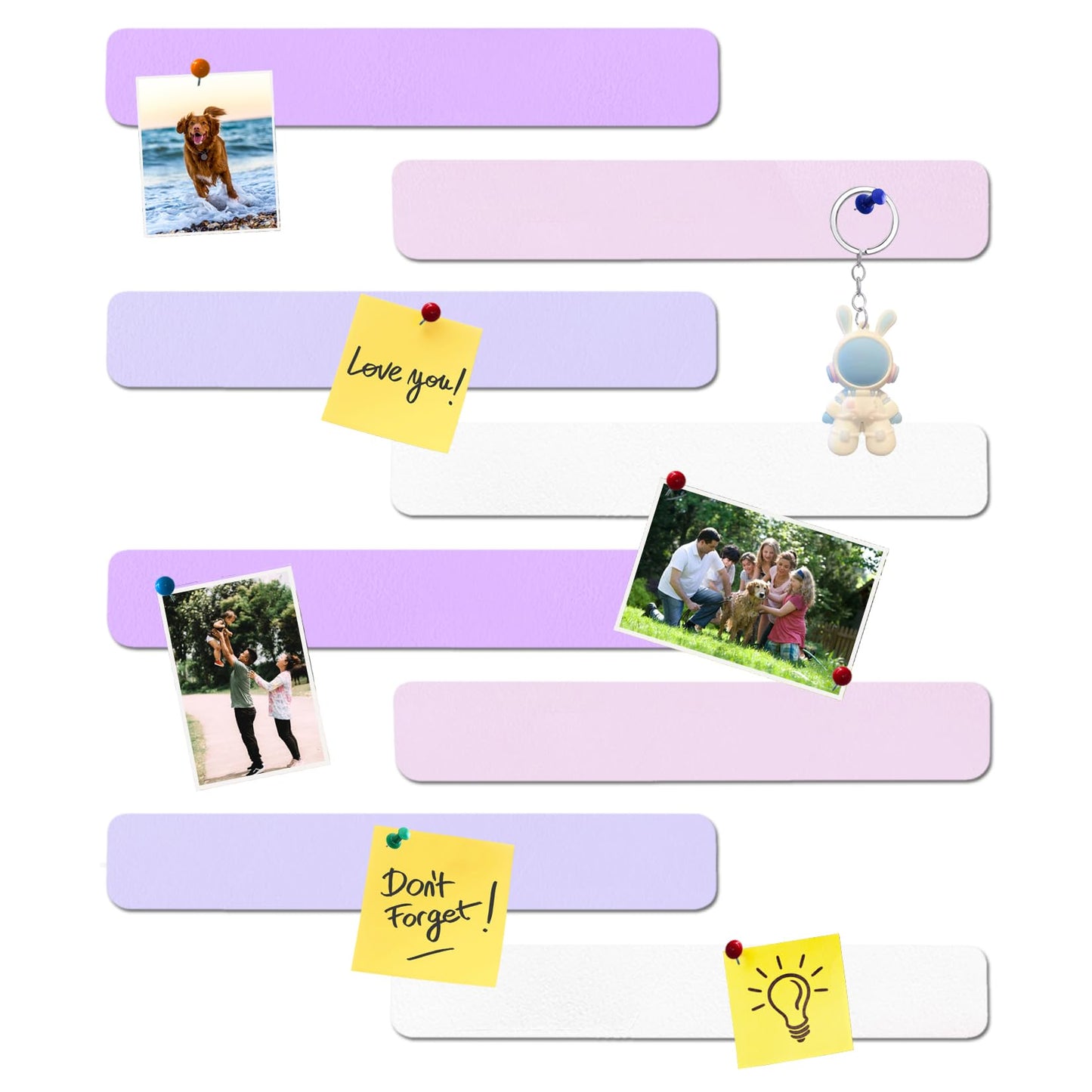 HULAVO 8Pcs Rectangle Felt Cork Board Bar Strips with 35 Pushpins, Self-Adhesive Bulletin Board Strips for Office School Home Wall Decor Stickers Memos Schedules Photos Display -Purple+Pink