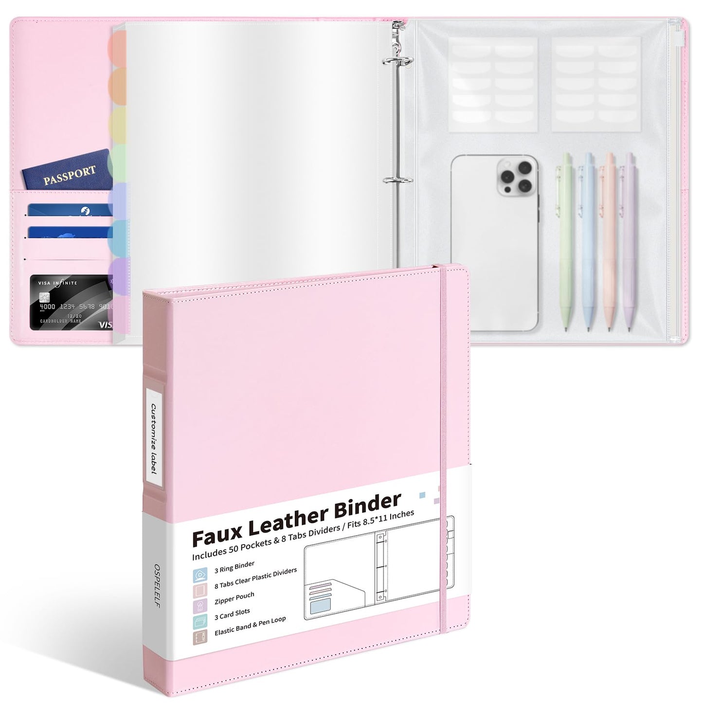 Ospelelf Leather Binder with 58 Plastic Sleeves, 3 Ring Presentation Binder for 8.5x11, Portfolio Organizer with 8 Tabbed Sleeves & Zipper Pocket for Documeents, Artwork, Certificates Pink