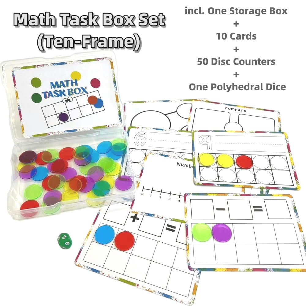 Math Task Boxes Set of 5 Math Manipulatives Themes 230+ Pieces of Number Rods, Base Ten Blocks, Ten Frame Disc Counters, Place Value Blocks, 0-9 Numbers, 3D Shapes, Activity Cards (Disc Counters)