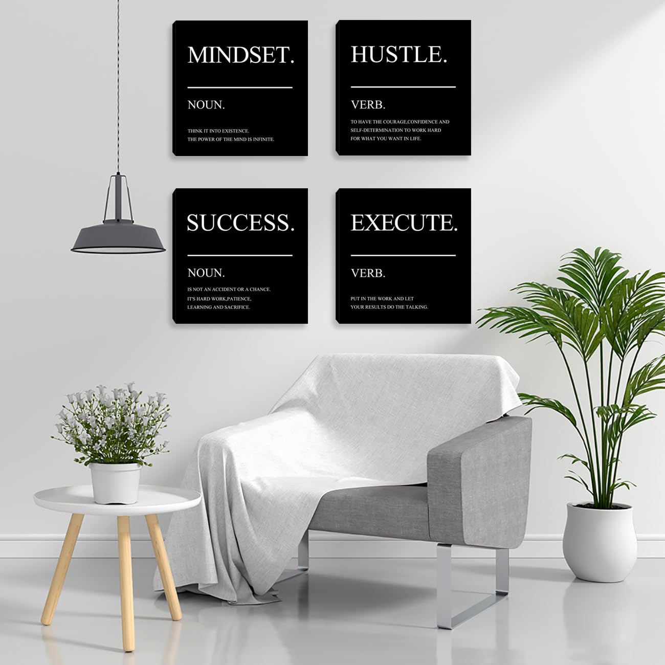 Framed Motivational Wall Art for Home Office - Inspirational Hustle Canvas - Mindset Decor for Living Room, Bedroom, Men's Office - 12"x12"x4PCS