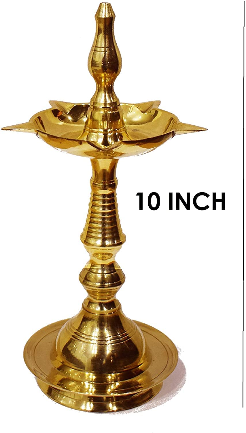 Craftsman Brass Kerala Samai Diya Oil Lamp, 10 Inch, Gold, Pack of 2, Traditional Pooja Deepak for Diwali