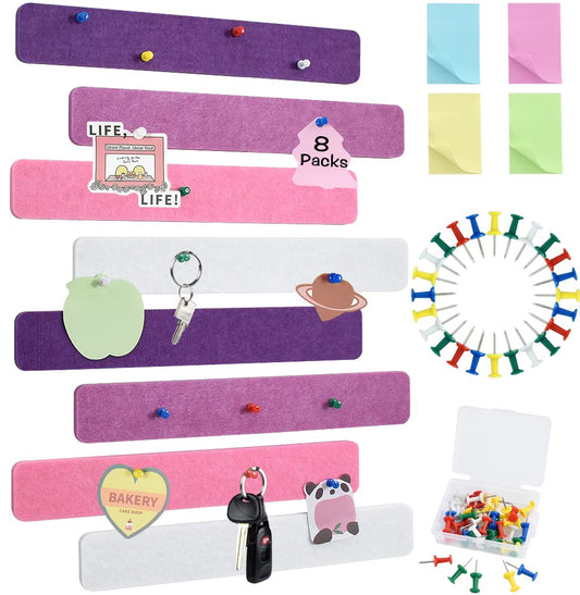Vuzvuv 8 pcs Bulletin Board Bar Strips with 50 Pushpins & 10 Wooden Clip pins，Self Adhesive Cork Board for Wall，Felt Pin Board for School，Office Decor(Purple Rose)