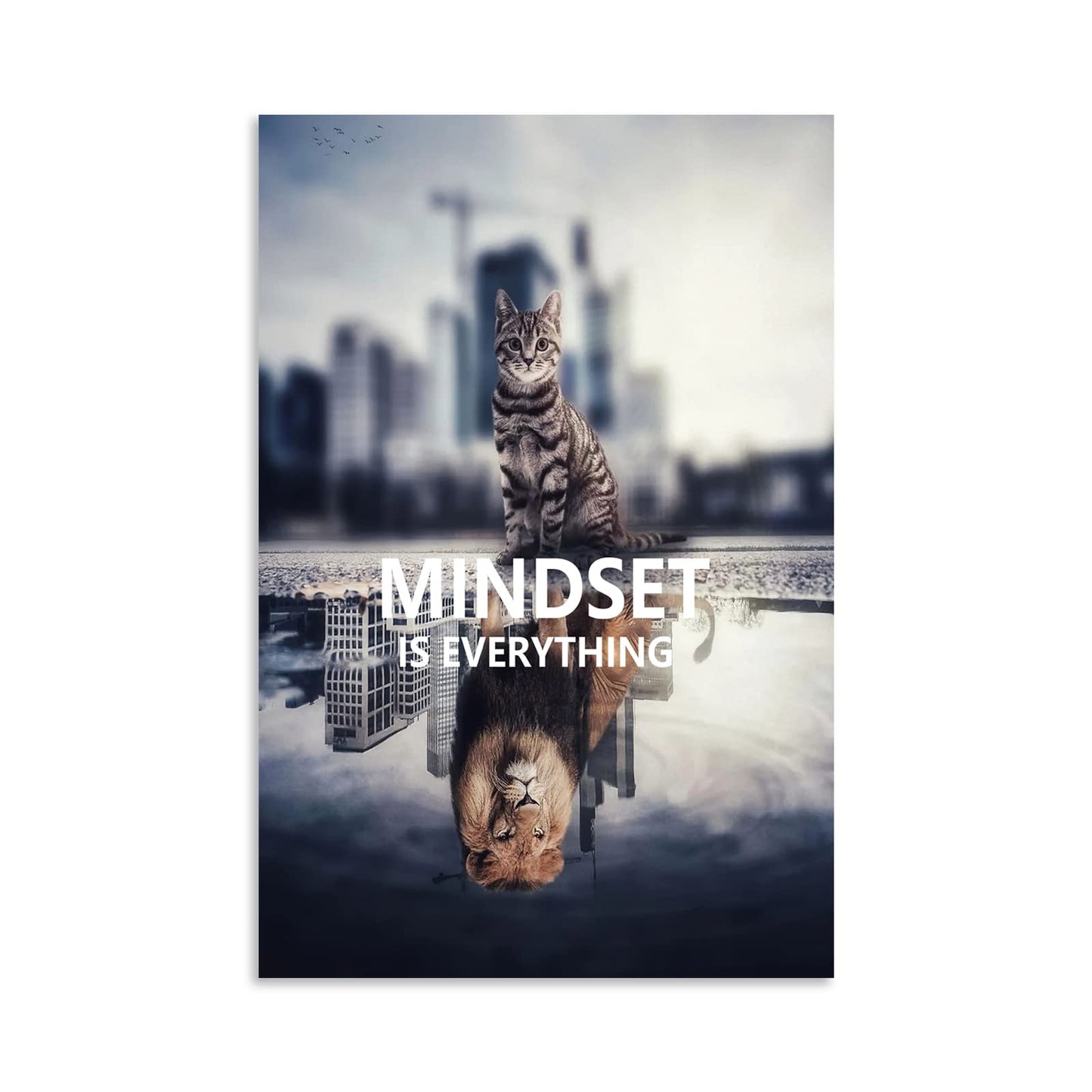Inspirational Animal Cat And Lion Mindset is Everything Inspirational Wall Art Canvas Print Artwork Frame Decoration Modern Home Decoration Living Room Bedroom Ready to Hang[12''W X 18''H]