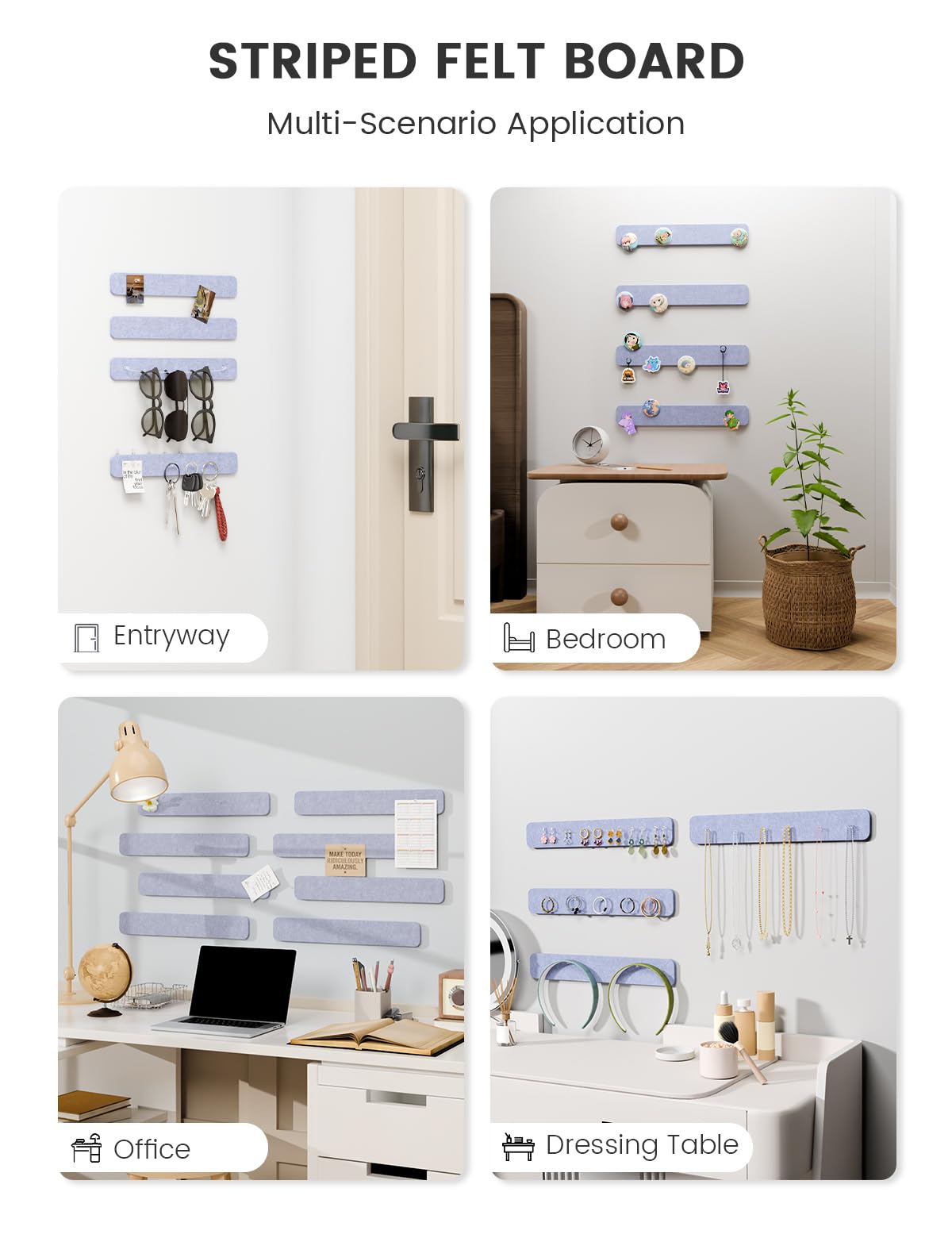 Fluxynara Cork Board Alternative Felt Strip Board 8-Pack 13"x2", Office Pin Board with 50 Push Pins, Adhesive Install for Bedroom Door & Home Office (Soft Periwinkle)