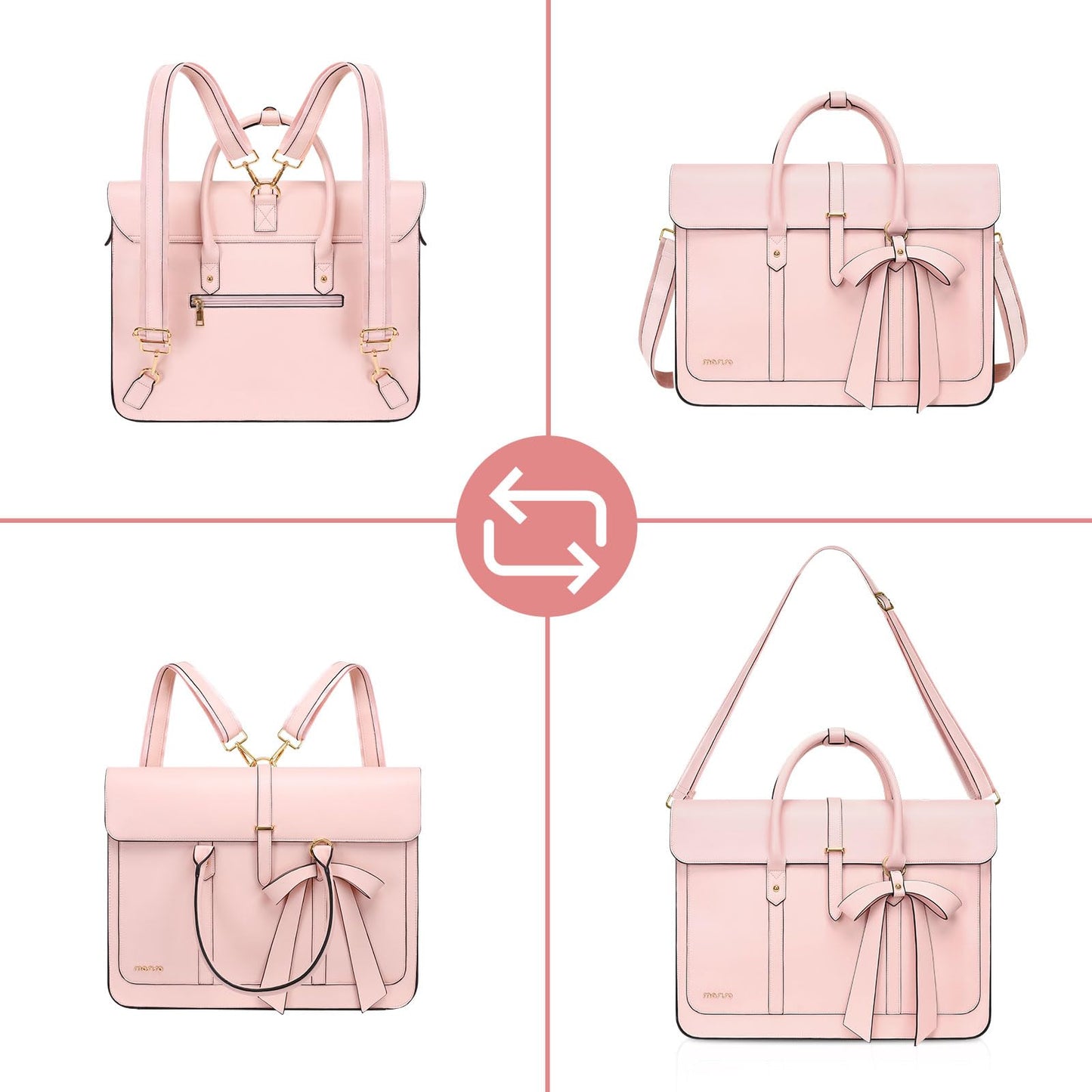 MOSISO Laptop Bag for Women, 15-15.6 inch PU Leather Laptop Shoulder Bags Convertible Backpack, 16 inch Messenger Bags Casual Handbag Work Briefcase Travel Computer Bag with Bowknot, Pink