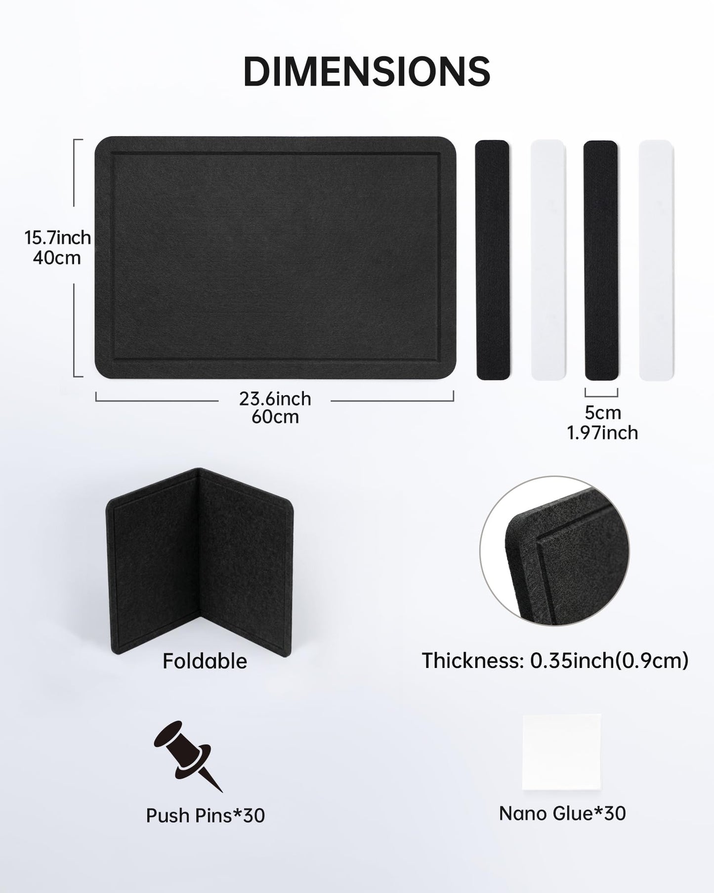 Small Felt Bulletin Board and 4 pcs Bar Strips Set, 24"X16" Cork Board Alternative with Removable Adhesive Tabs, 30 Push Pins for Office, Classroom, Bedroom, Walls Decorations - Black