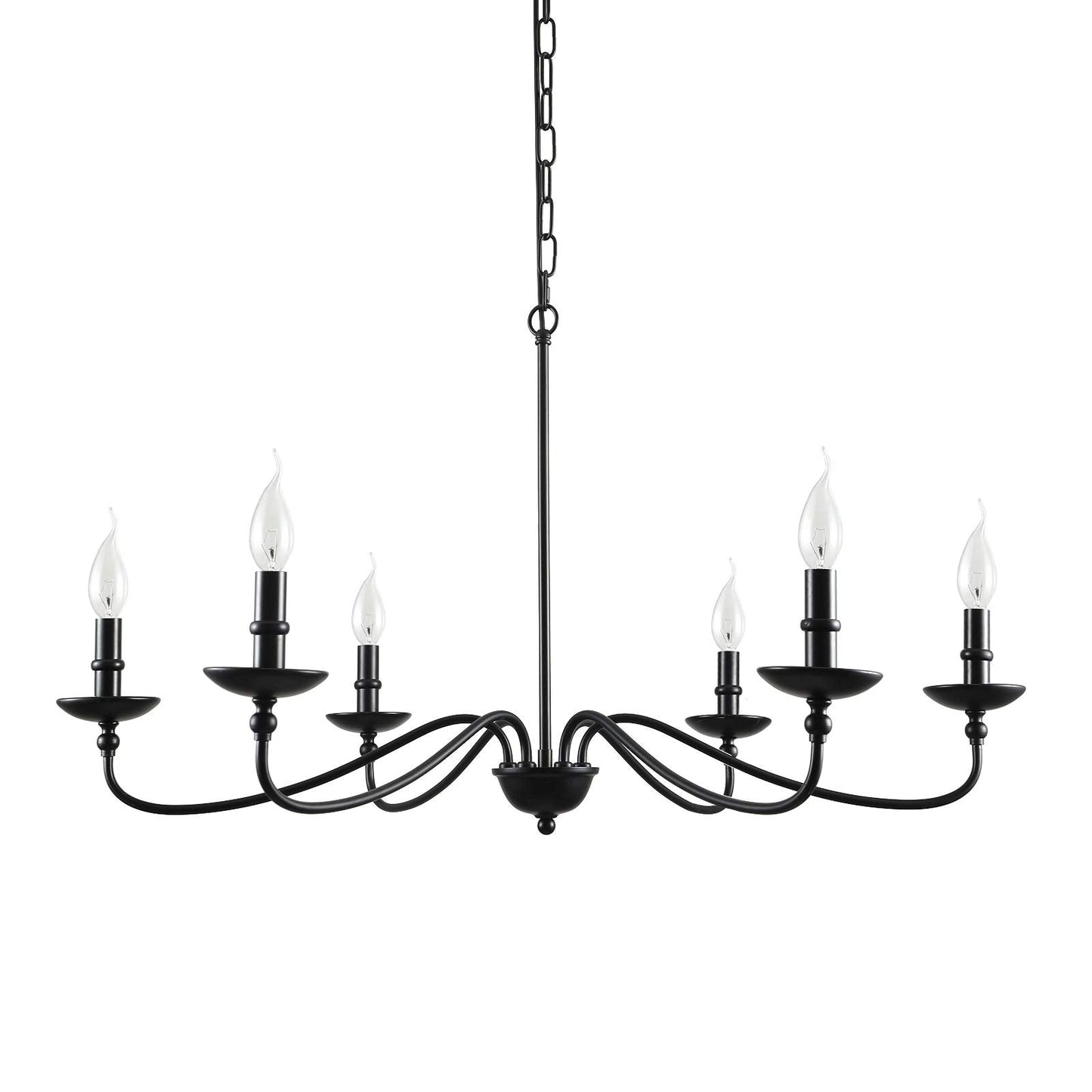 SEOL 6-Light Candelabra Chandelier, 36in Dia, Matt Black, Model SLP1902BK, Farmhouse Ceiling Pendant Light Fixture