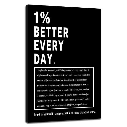Motivational Wall Art 1% Better Every Day Inspirational Office Decor Framed Canvas Print Small Workout Poster for Home Gym Growth Mindset Sign Positive Daily Affirmation Decor [12''Wx18''H]