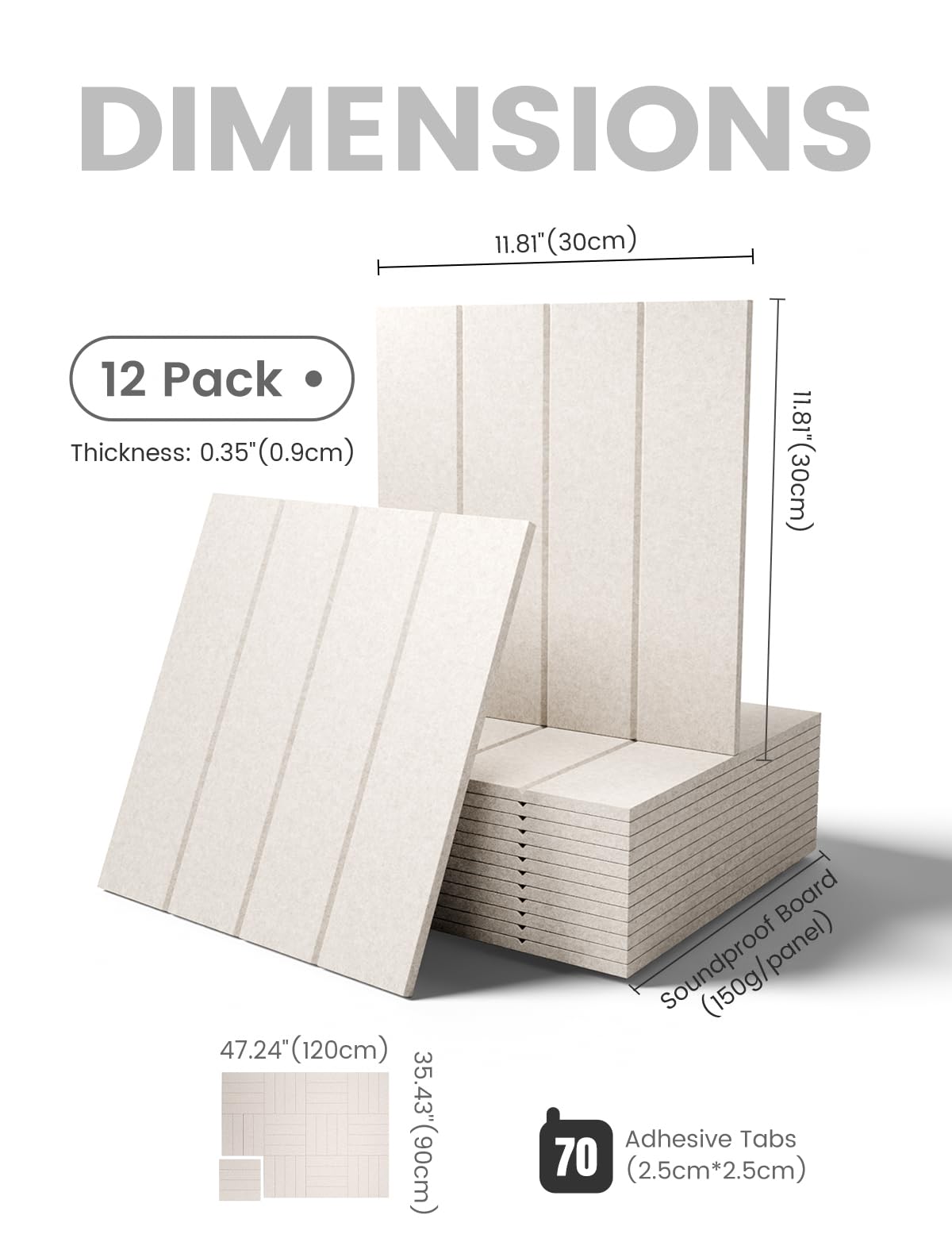 Fluxynara Felt Bulletin Board Tiles Large 48" x 36" Cork Board Alternative-12 Pack with 70 Adhesive Tabs, Thick Slat Wall Panels for Office Decor, Push Pin Board Wall Organizer Alternative -Oatmeal