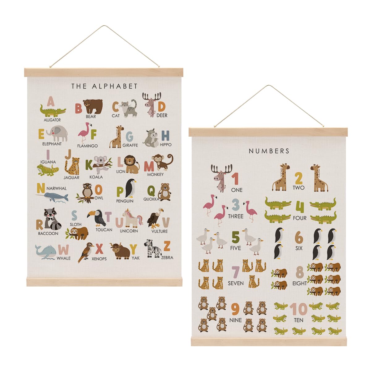 Cute Animal Number Chart Alphabet Poster Hanger, ABC Chart Wall Decor, Toddler Learning Posters, Educational Posters Homeschool Supplies, Wall Art Wall Hanging Banner Bedroom Nursery Decor