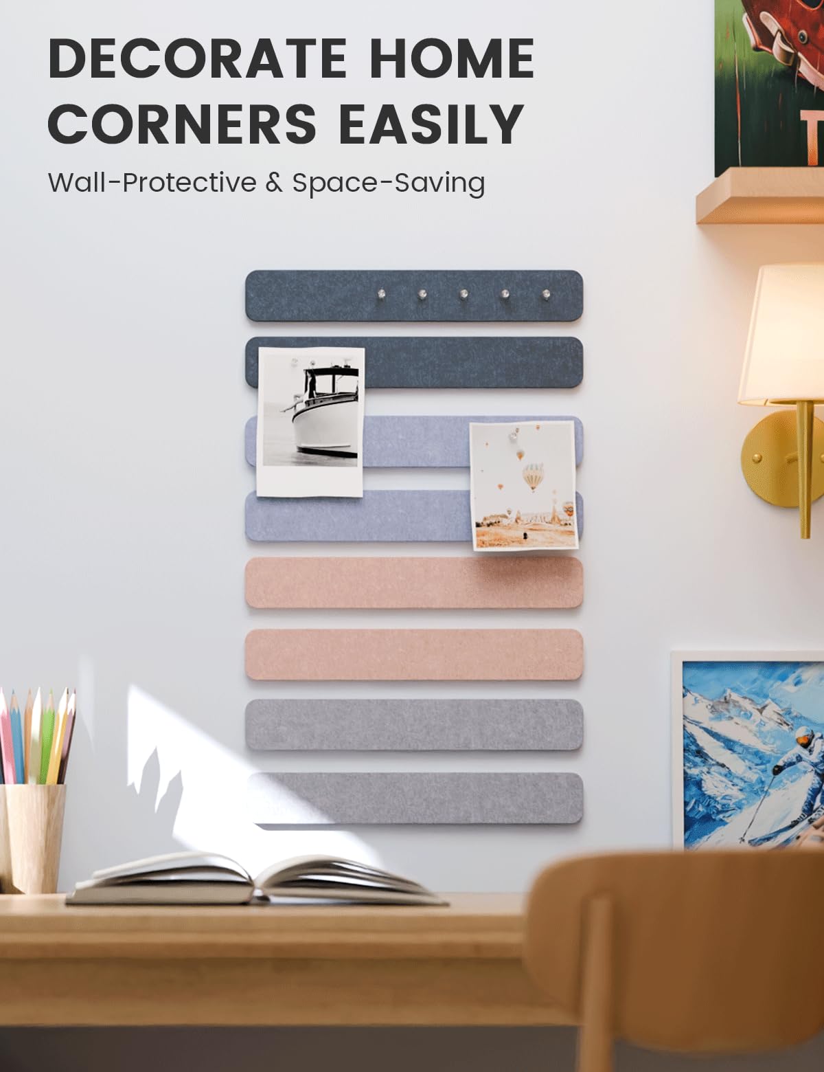Fluxynara Cork Board Alternative Felt Strip Board 8-Pack 13"x2", Office Pin Board with 50 Push Pins, Adhesive Install for Bedroom Door & Home Office (Heather Grey)