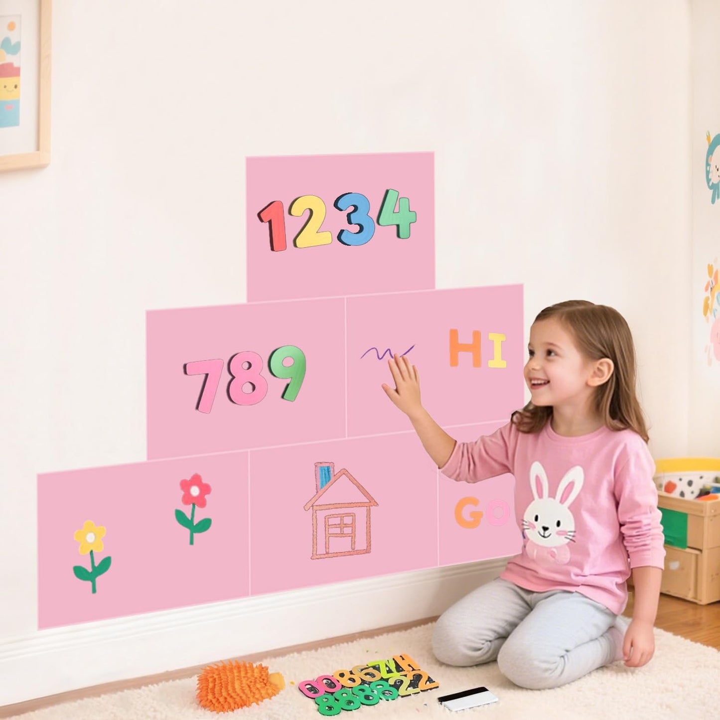 OMKSIH Magnetic Chalkboard Wall Decal Pink Set of 6 Peel and Stick Magnet Sheets with Chalk Tangram Puzzle and Multiple Accessories Magnetic Chalk Boardfor Home Playroom and Classroom