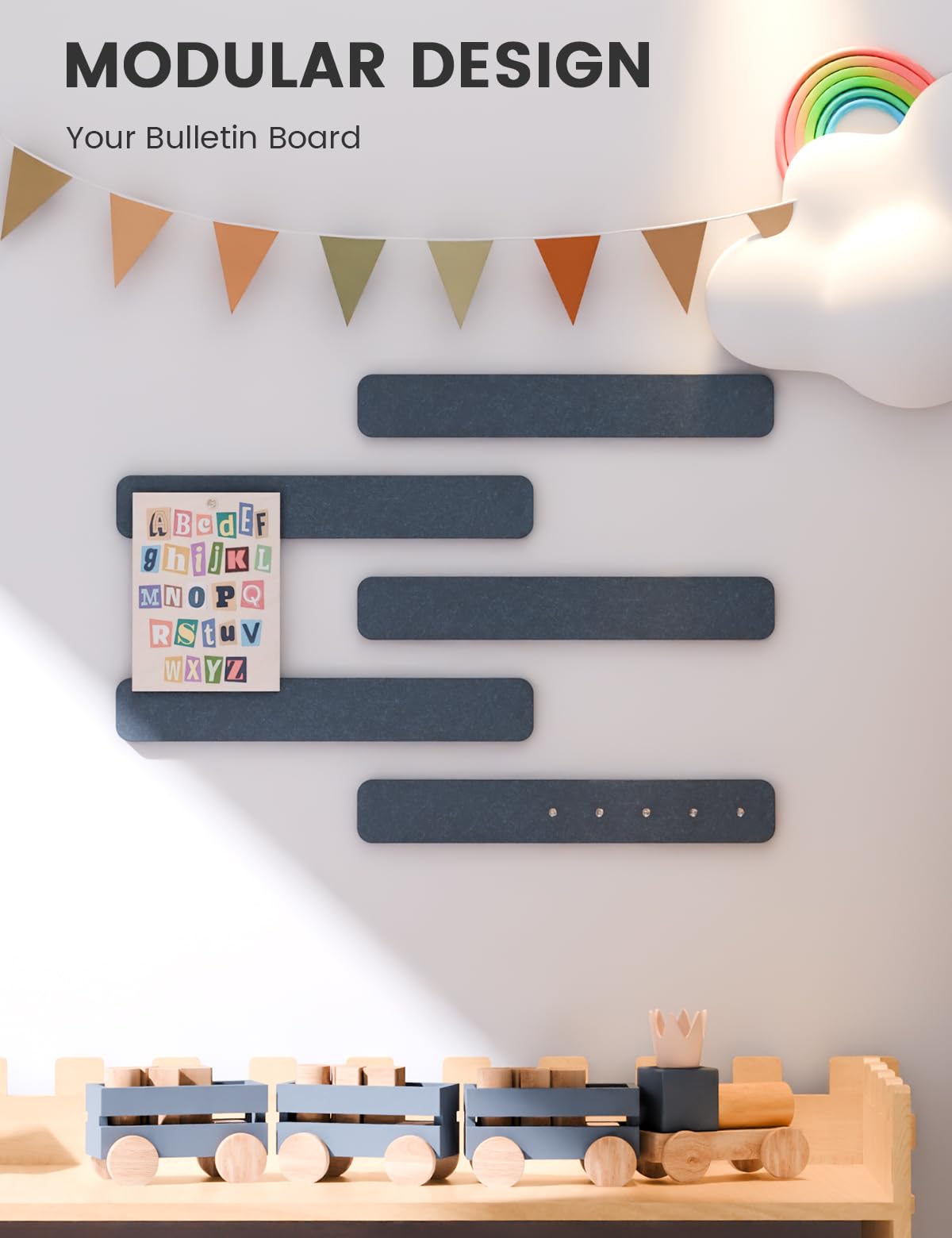 Fluxynara Cork Board Alternative Felt Strip Board 5-Pack 13"x2", Office Pin Board with 35 Push Pins, Adhesive Install for Bedroom Door & Home Office (Denim Blue)