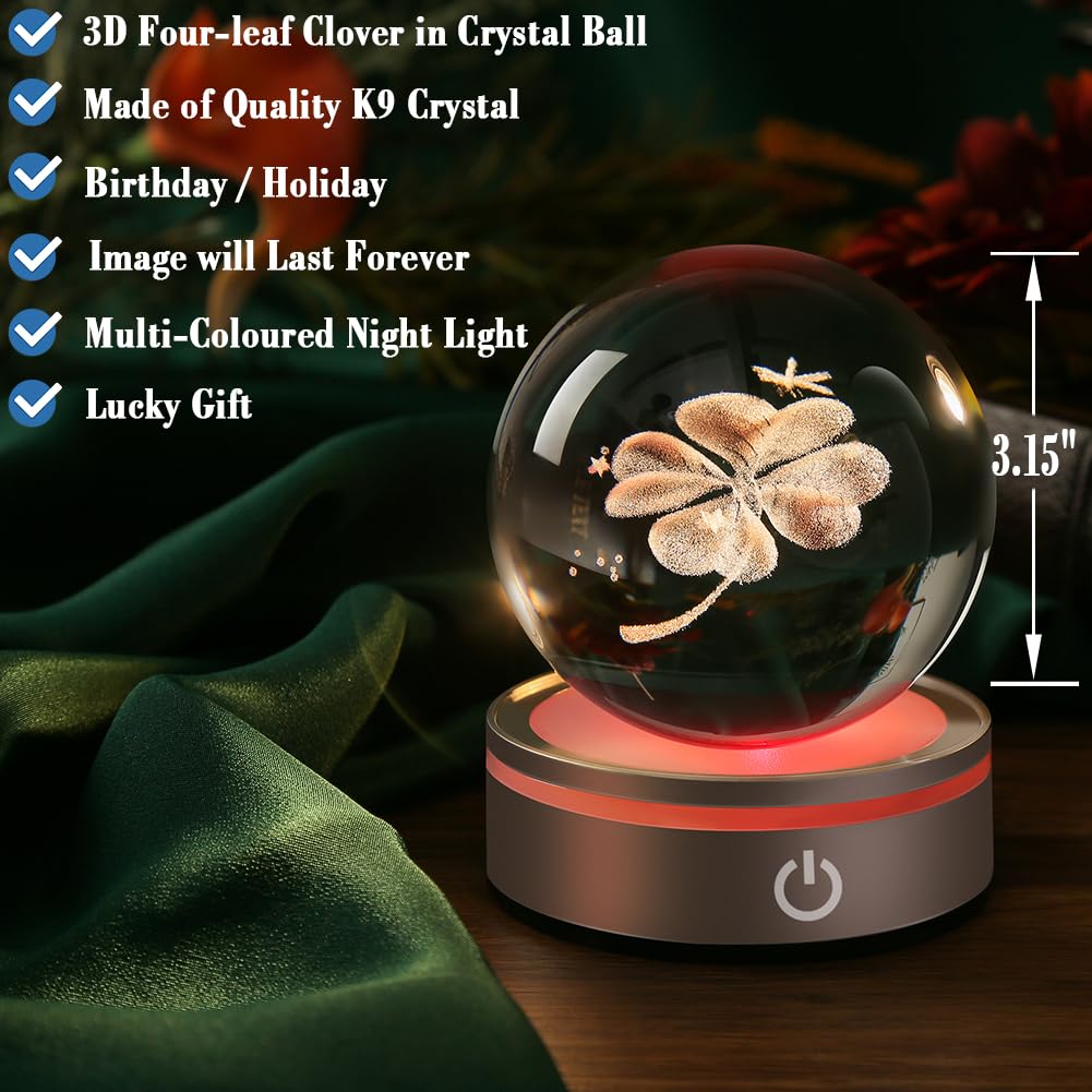 IFOLAINA Crystal Ball Lamp, 3D Four Leaf Clover K9 Decorative Night Light, Clear, 3.15 inches, Rechargeable USB, Ideal Gift for Her Birthday, Wedding, Anniversary