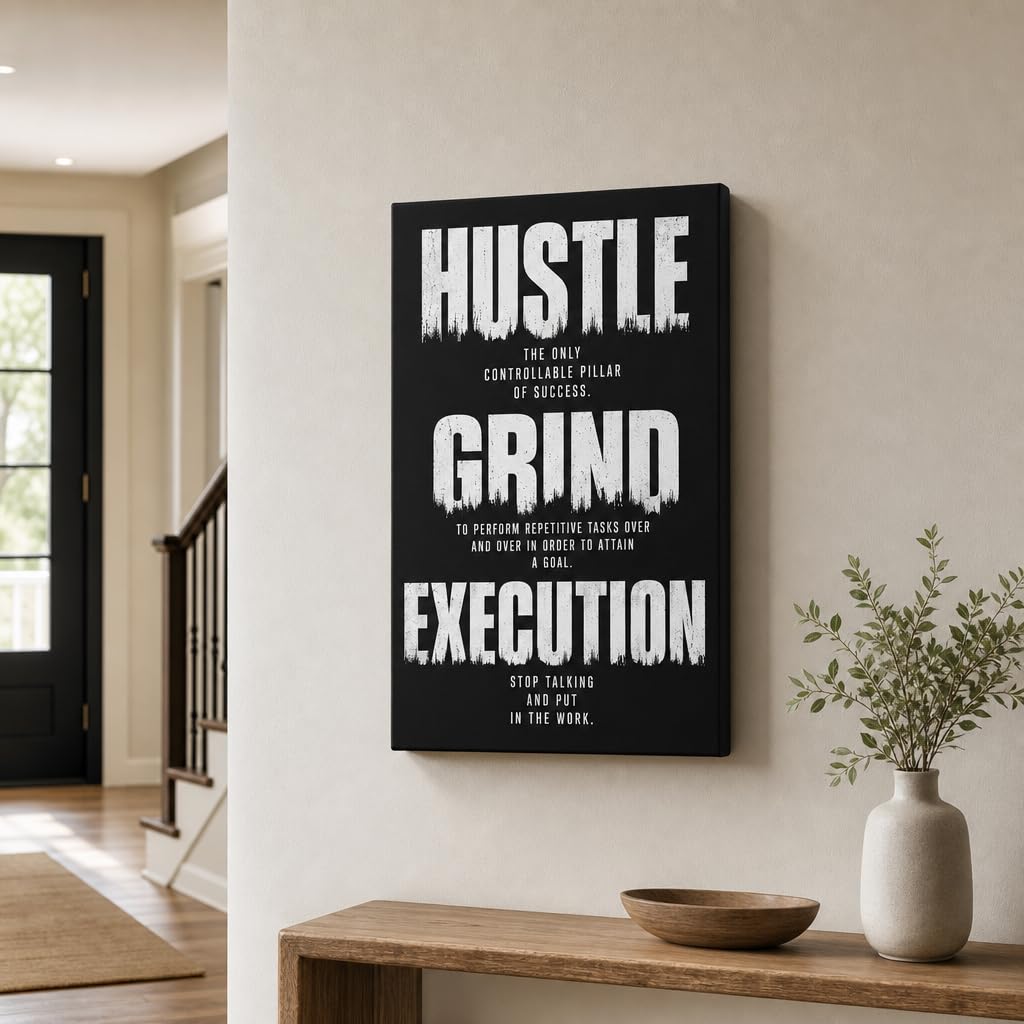 DINGFUN Inspirational Poster for Office Canvas Wall Art, Hustle Grind Execution Quote Print, Black Motivational Decor for Home Office Dorm Gym Classroom, Single Panel Wall Decor 24x18inch