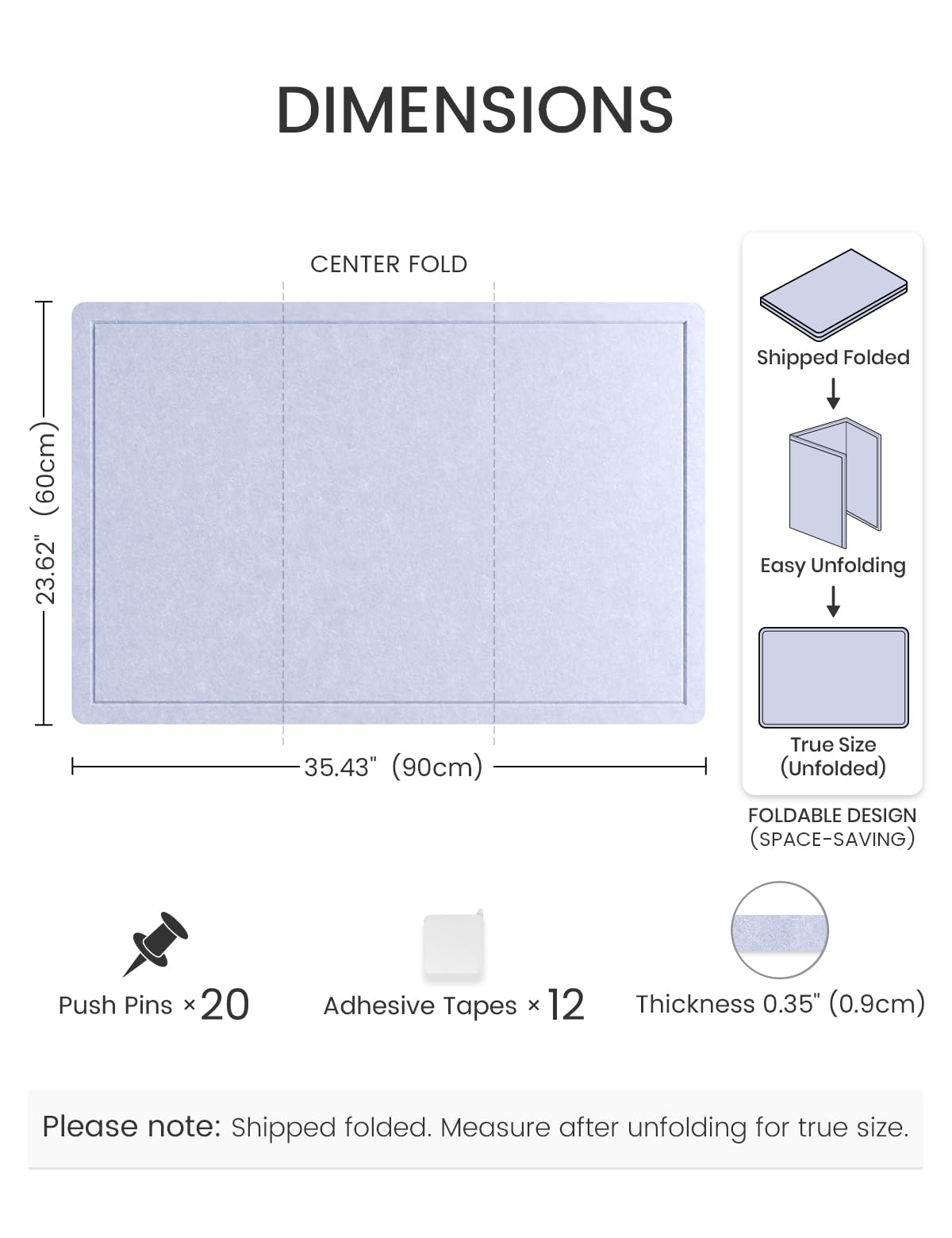 Fluxynara Bulletin Board,35.4" x 23.6" Cork Board Alternative with 12 Safe Removable Adhesive Tabs, Foldable Felt Pin Board for Home Office, Classroom, Bedroom,Entryway for Walls—Soft Periwinkle