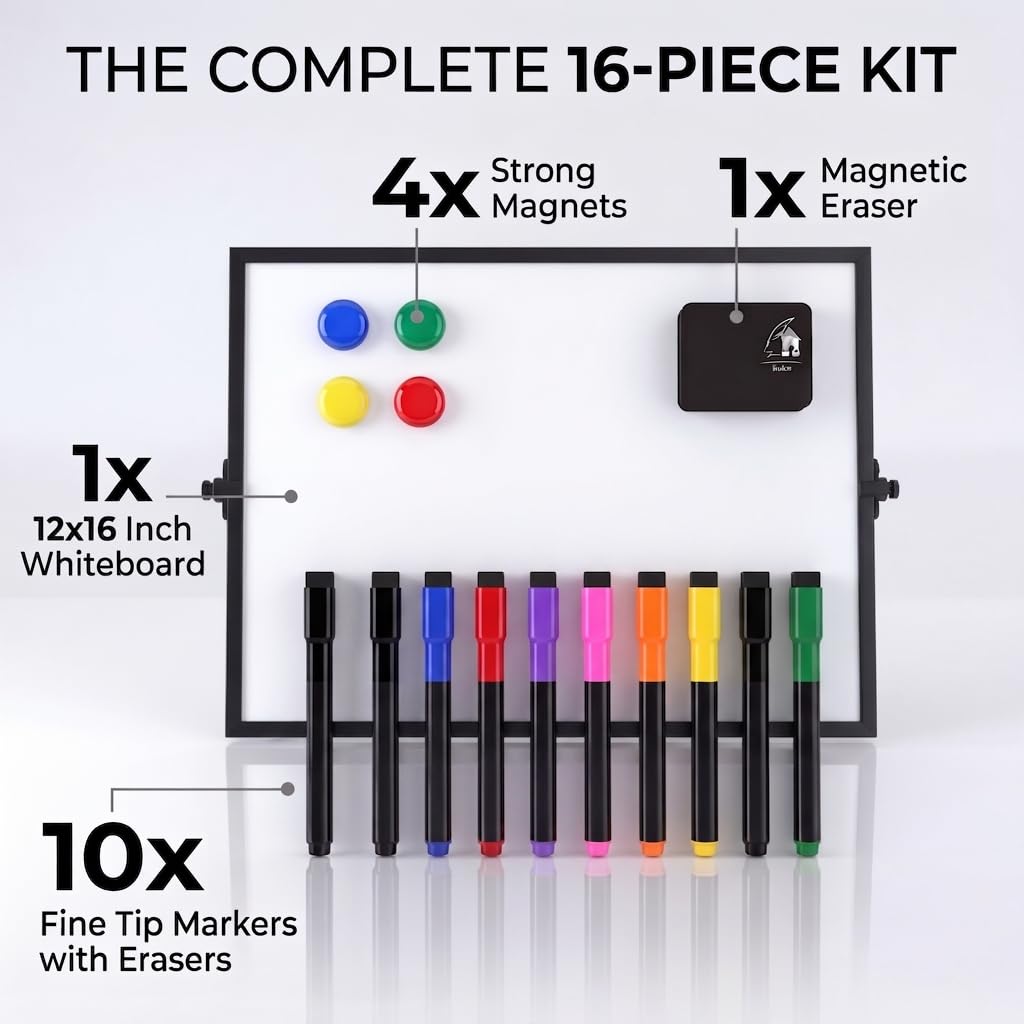 12x16 Magnetic Dry Erase Whiteboard with Stand – Double-Sided Desktop Board, 10 Markers, 4 Magnets & Eraser – Black Frame | LULU OFFICE