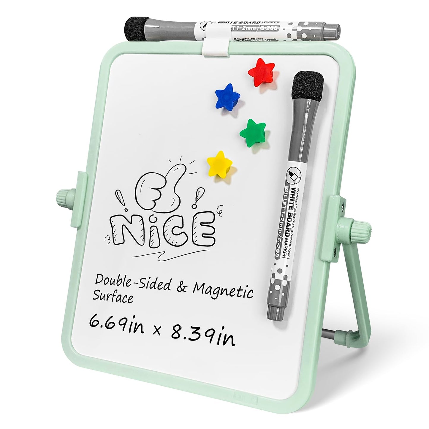 FUNISKETCH Magnetic Dry Erase Whiteboard, 6.7x8.4 Inch Double-Sided Desktop Easel with Stand, 2 Eraser Head Markers & 4 Magnets, Portable White Board for Planning, Memo, Office, Home, School（Green）