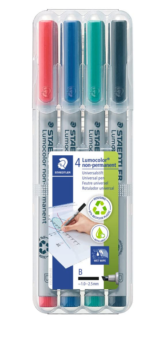 STAEDTLER Lumograph Non-Permanent Wet Erase Marker Pen: 4 Count - Broad Tip (1-2.5mm), Low Odor Colored Markers, Red, Blue, Green, Black
