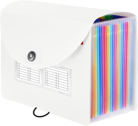 Sooez 24 Pockets Expanding File Folder with Blank Labels, According File Organizer with Expandable Cover, Desktop Accordion Folders Letter A4 Paper Document Storage Organizer, White