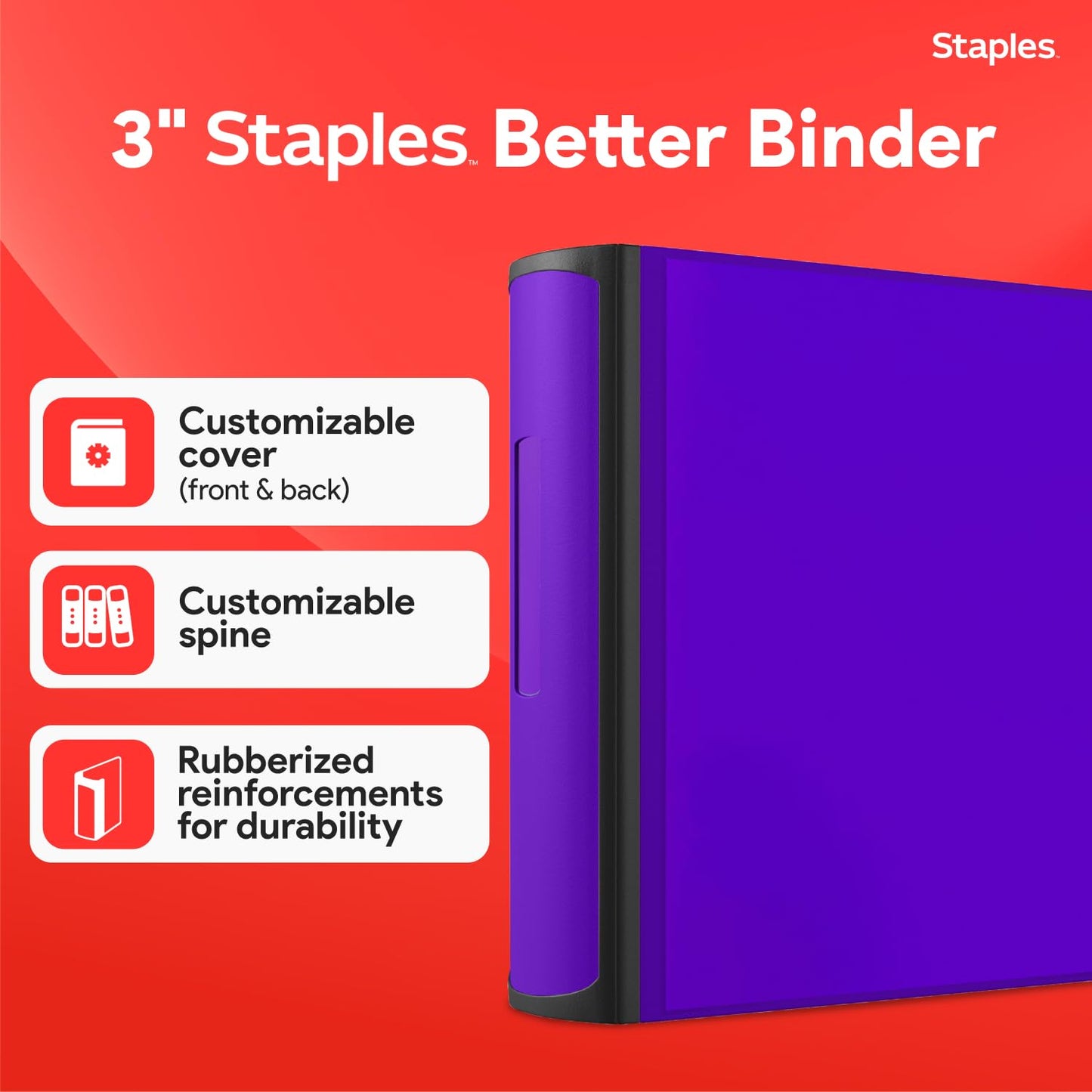 Staples Better 3-Inch D-Ring Binder, Purple – Heavy-Duty 3-Ring Binder for School & Office Storage