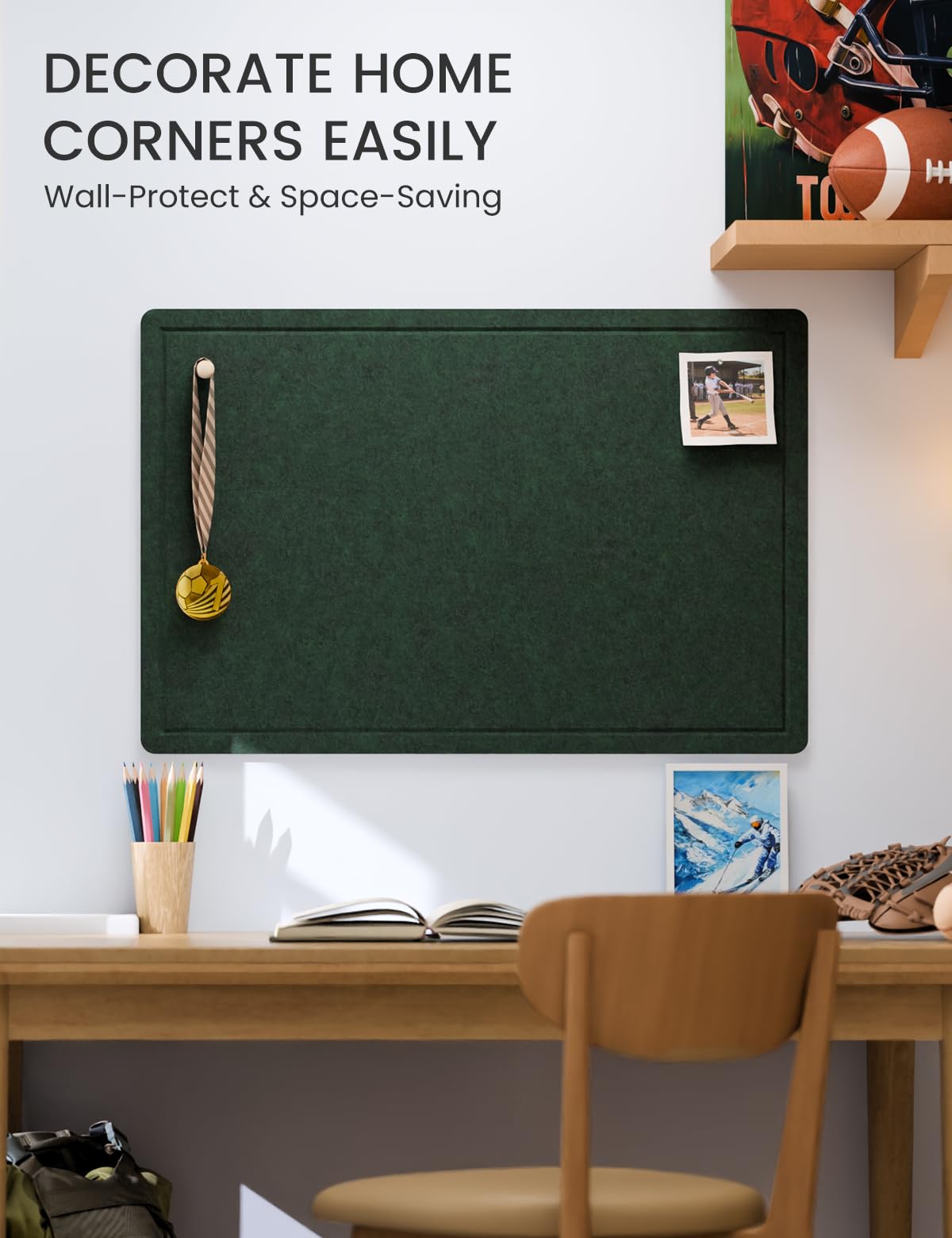 Fluxynara Bulletin Board,35.4" x 23.6" Cork Board Alternative with 12 Safe Removable Adhesive Tabs, Foldable Felt Pin Board for Home Office, Classroom, Bedroom,Entryway for Walls—Pine Green