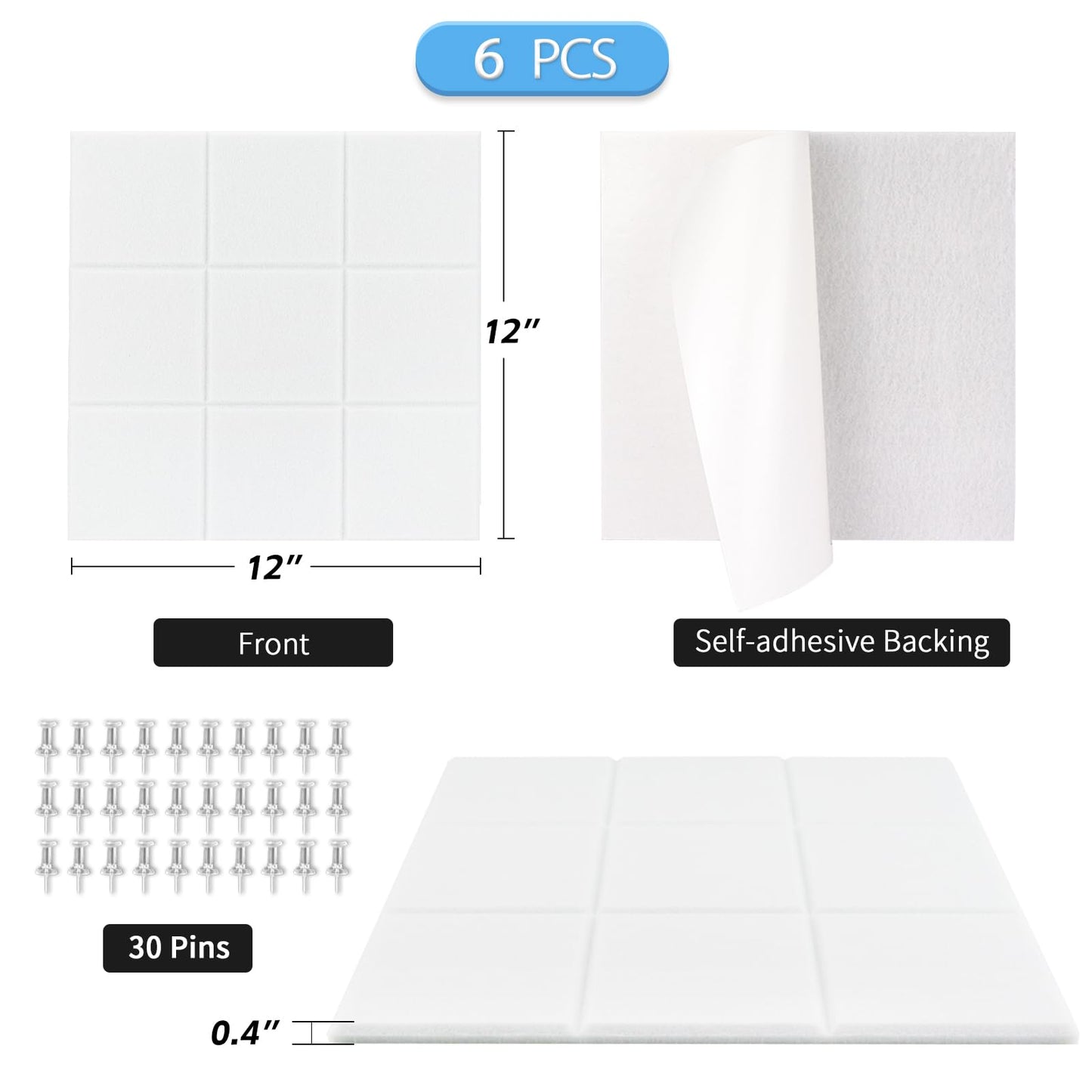 BXI Felt Bulletin Board - 12 X 12 X 3/8 Inches 6 Pcs Self-Adhesive Poster Cork Board with 30 Push Pins, Thick Pin Tiles Display Vision Board, Photo Picture Panels for Home Office Classroom Walls