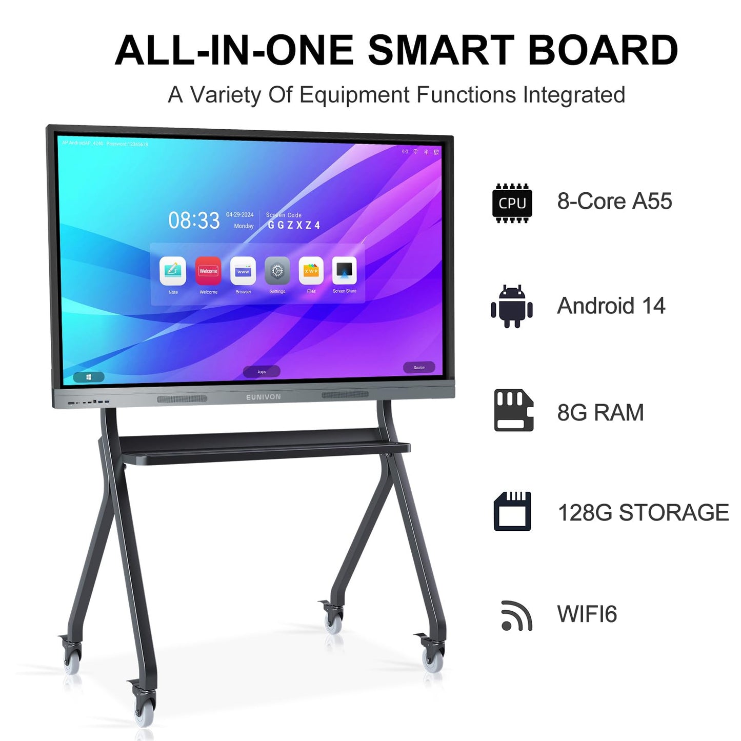 EUNIVON Smart Board, 55'' 4K UHD Smart Whiteboard, 8+128GB Touch Screen Electronic Whiteboard, Interactive Whiteboard for Classroom and Business (Wall Mount Included)