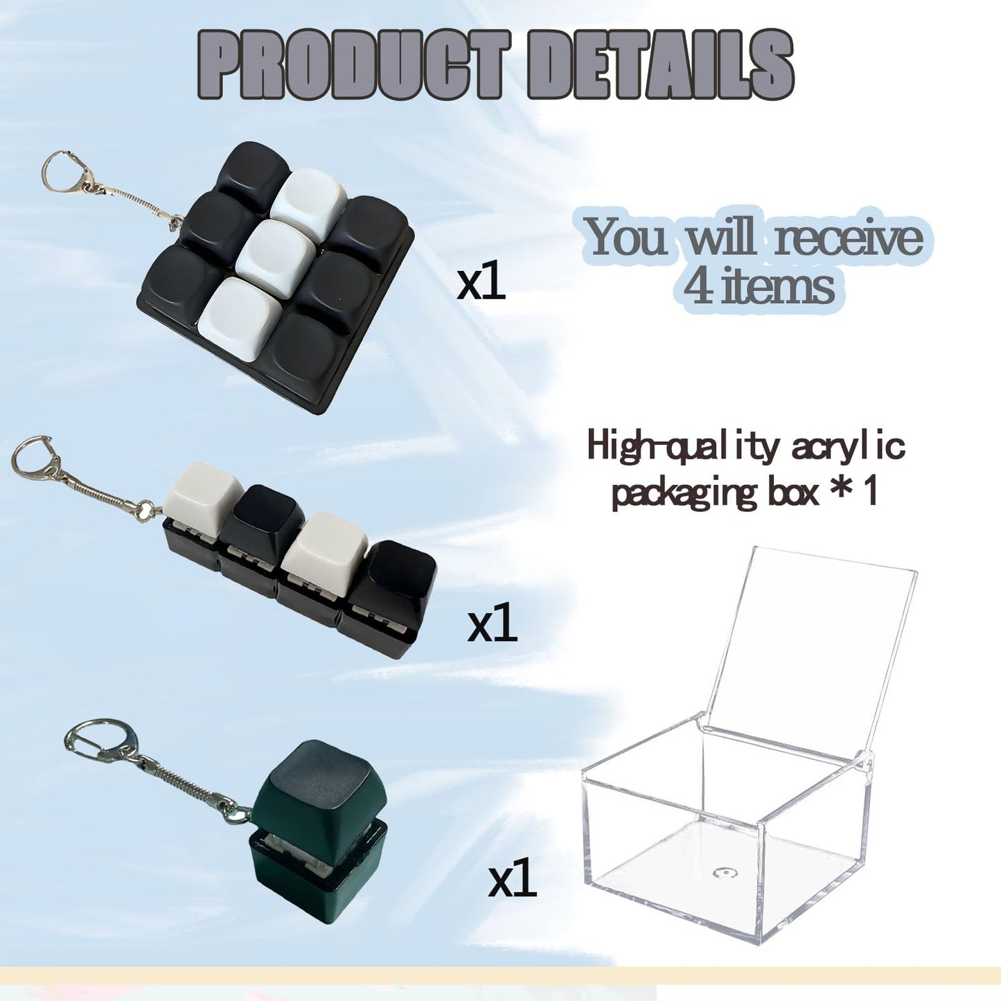 3 Pcs Keyboard Fidget Clicker Stress Relief Toys Keychain– Button Press Fidget Set for Stress Relief & Relaxation (9 Keys + 4keys + 1key Black and White Grid)