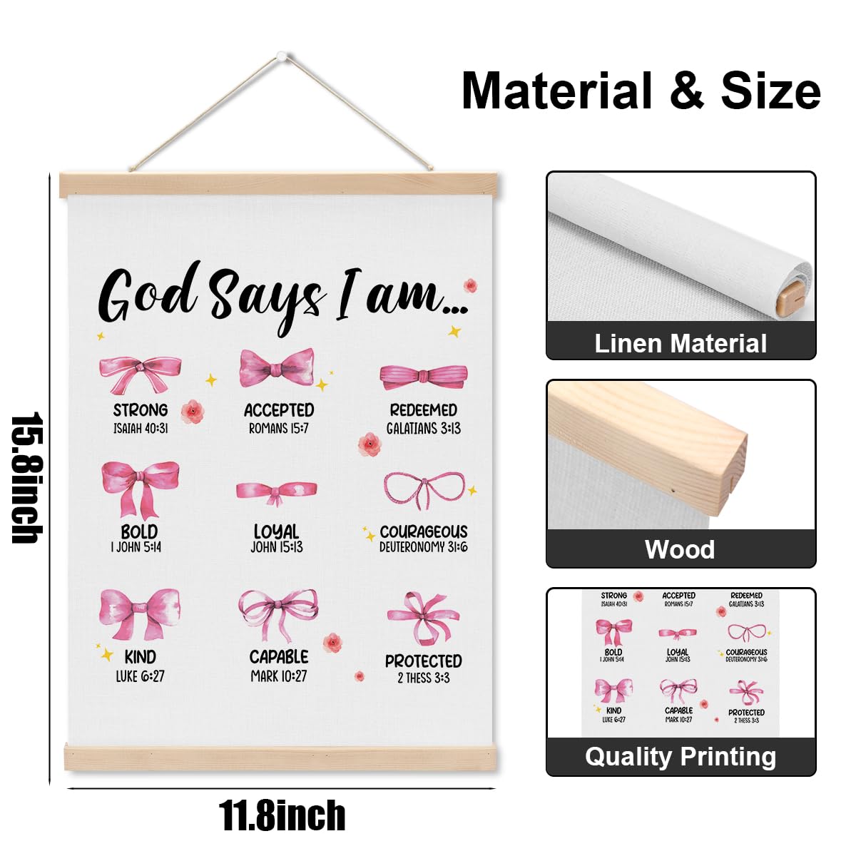 Pink Bow Bathroom Decor Wall Hanging Banner, God Says I Am Bows Wall Decor, Coquette Poster Hanger for Nursery Girls Room Bathroom Bedroom, Christian Bible Verses Poster Hanger Frame