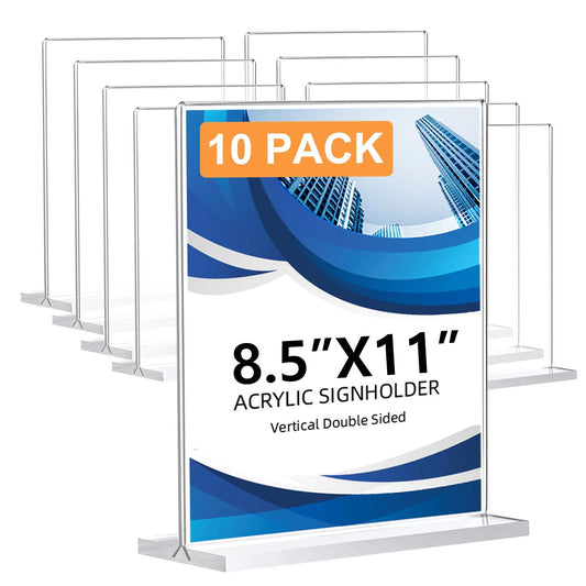 10 Pack Acrylic Sign Holder 8.5 x 11, Double-Sided Clear Sign Holder Plastic Stands for Display, T Shape Acrylic Table Sign Stands for Office Store Restaurants Wedding Party Decoration