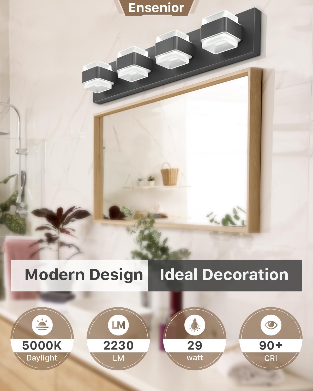 Ensenior Bathroom Vanity Light Fixture 4-Light Dimmable 24.8-Inch Black Stainless Steel Model JQ1-4T-BL-YH-02