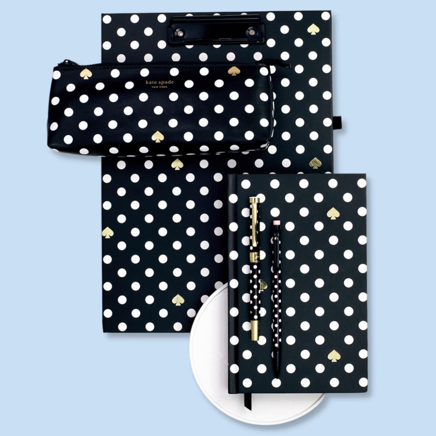 kate spade new york Pen and Pencil Case with Office Supplies, Zip Pouch Includes 2 Pencils, Sharpener, Eraser, and Ruler, Polka Dots (black/white)