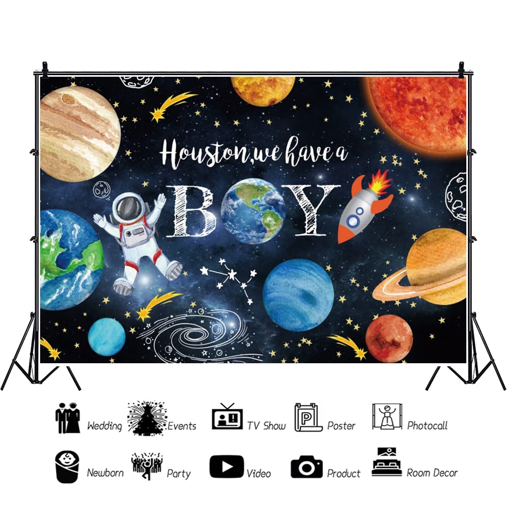 ZJRBJB 10x8ft Houston We Have a Boy Decorations Backdrop Baby Shower Party Outer Space Rocket Astronaut Planets Star Solar System Background Birthday Party Banner Polyester Fabric
