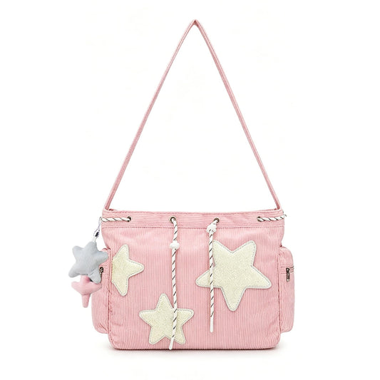 AFGWK Corduroy Star Tote Bag for Women Teens Y2K Aesthetic Hobo Crossbody Shoulder Messenger Bag for School(Pink)