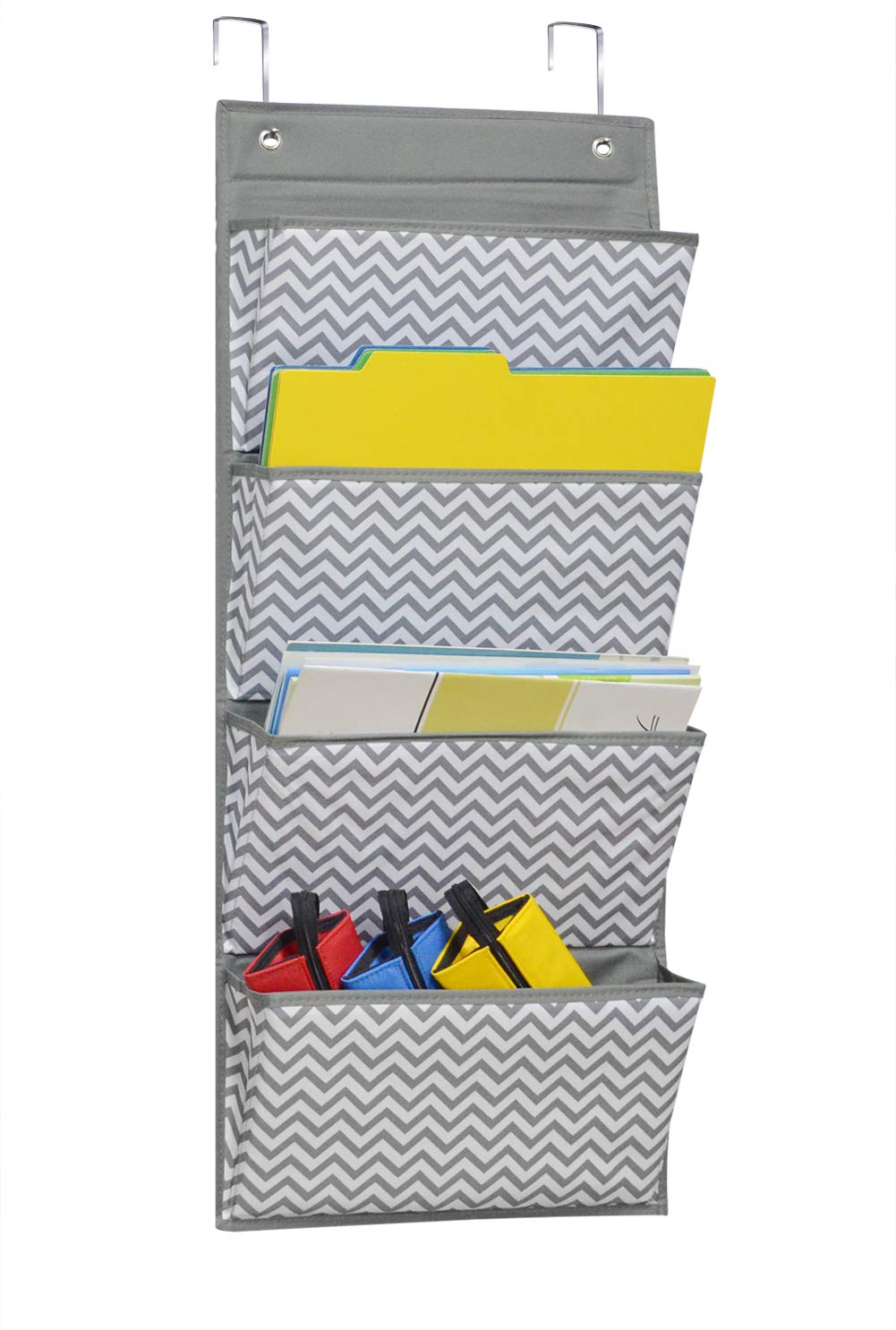 AUVCAS Hanging Wall File Organizer for Office - Over Door Wall Hanging Folder Holder & Classroom Pocket Document Organizer, Paper Mail Storage Rack with 4 Large Pockets,Gary