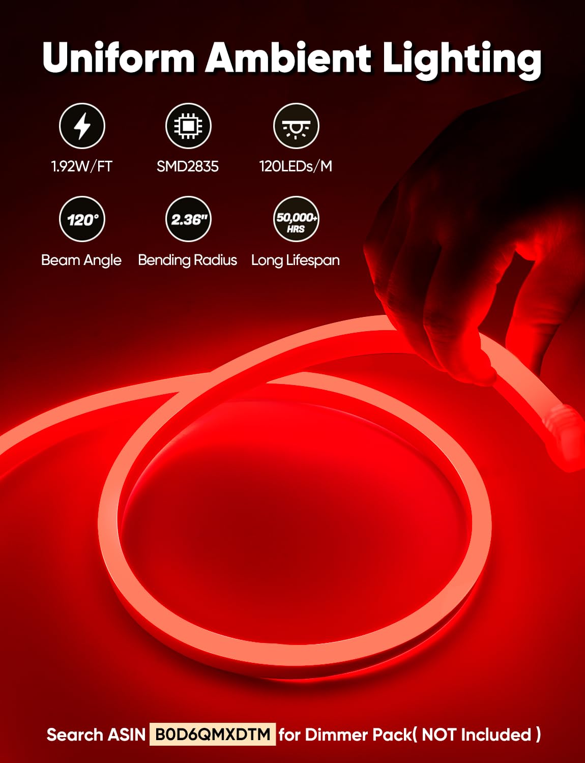 HeliosRibbon LED Neon Rope Lights, 16FT Red, Waterproof, Connectable, Model HR-MNEON-RED-5M