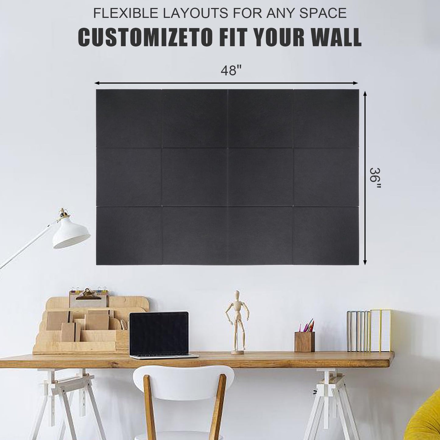 Large Cork Board Alternative 48" X 36" Black Bulletin Board - 12 Pack Removable Felt Wall Tiles with 30 pushpins, Large Cork Boards for Walls Cork Board for Office Pin Board Tack Board