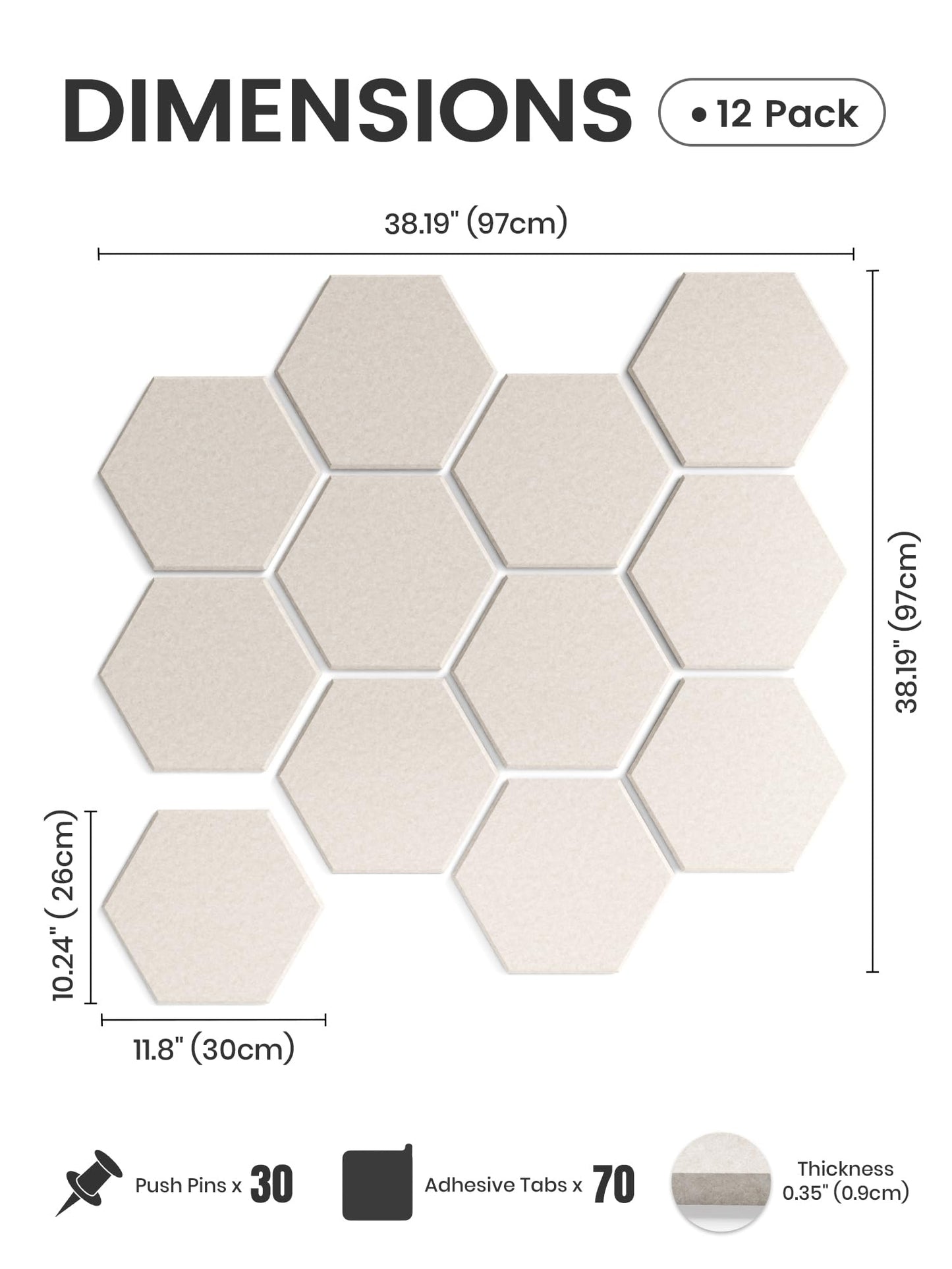 Fluxynara Hexagon Cork Board Alternative for Walls Decor-12-Pack Felt Bulletin Board Tiles,with 30 Pushpins,70 Adhesive Tabs for Office,Classrooms & Home Pin Board Felt Board-Oatmeal
