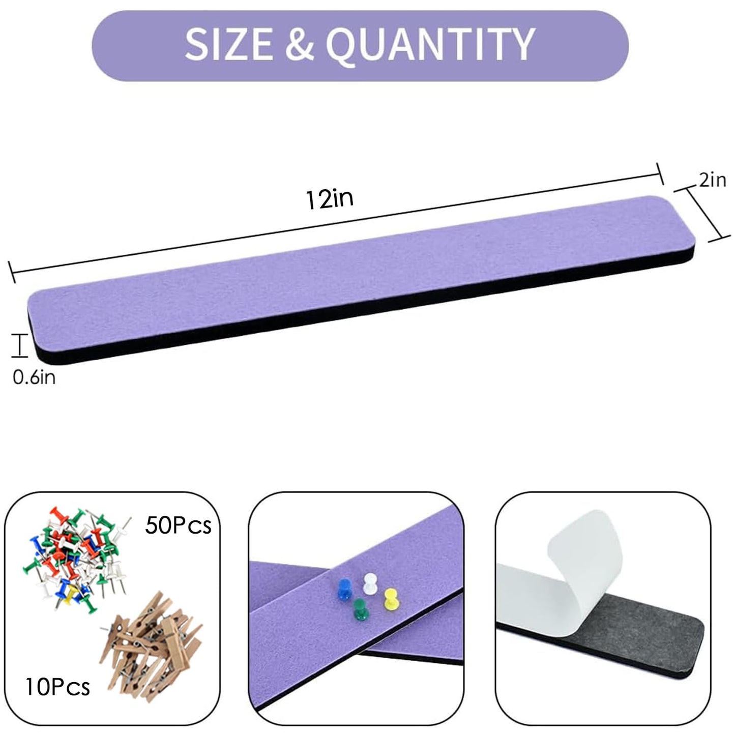 Vuzvuv 8 pcs Bulletin Board Bar Strips with 50 Pushpins & 10 Wooden Clip pins，Self Adhesive Cork Board for Wall，Felt Pin Board for School，Office Decor(Medium Purple)