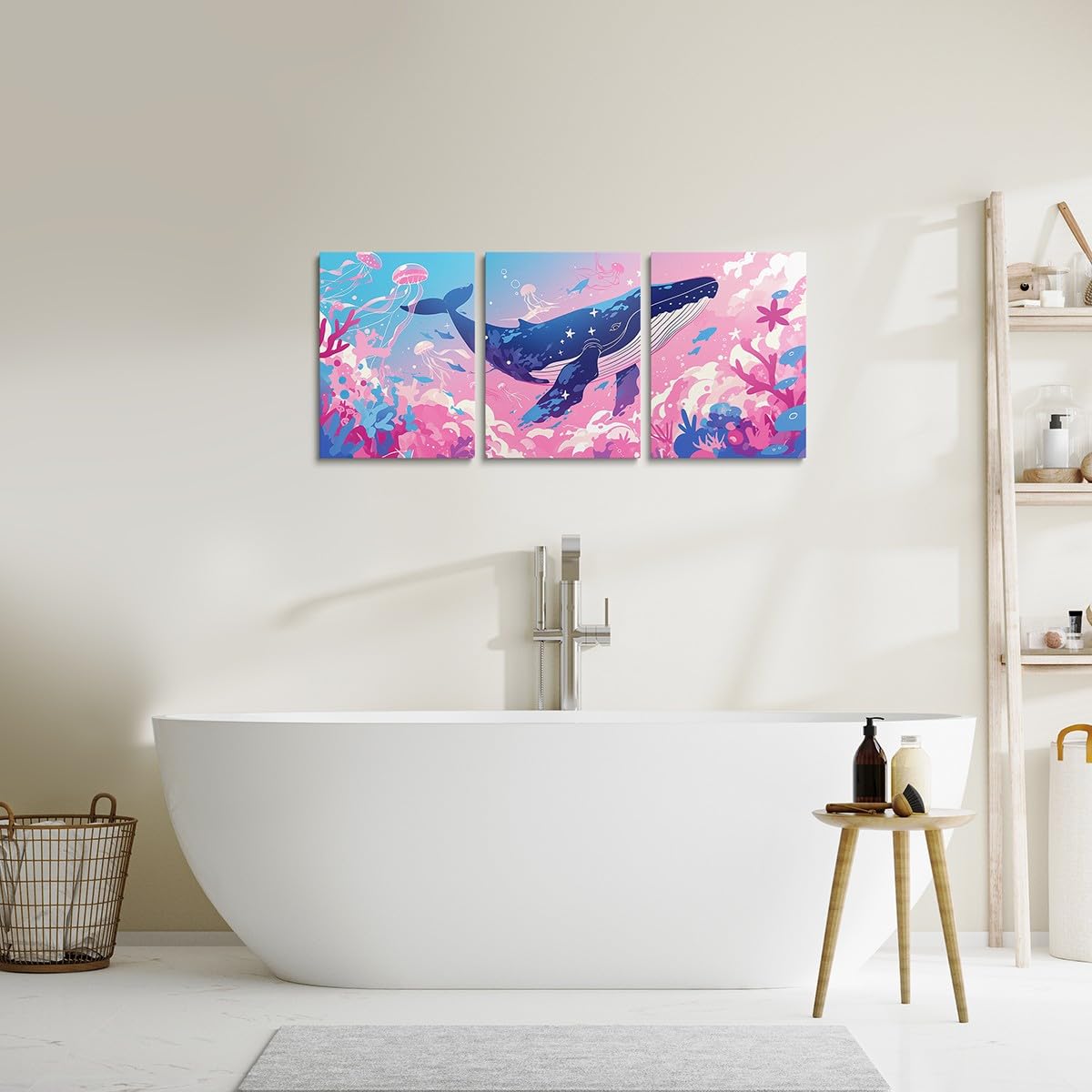 Feelyou Pretty Whale 3 Piece Canvas Wall Art for Living Room Bedroom Pink Blue Ocean Wall Art for Home Decor Jellyfish Office Wall Decor Dreamy Ocean Wall Painting