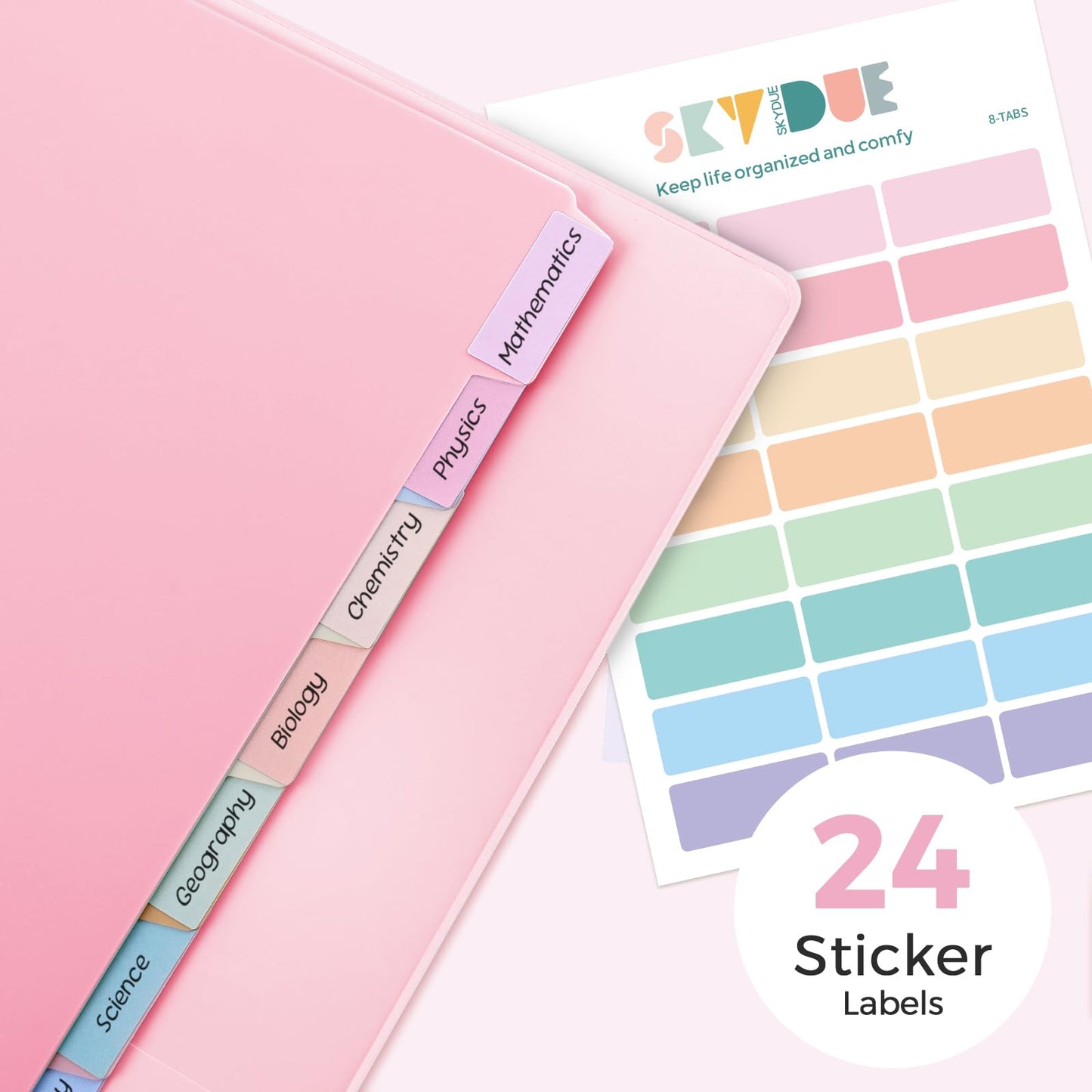 SKYDUE 1 Inch 3 Ring Binder with 8 Tab Dividers & 24 Labels, Pastel Binder Organizer for Letter Size Paper, Aesthetic School Binder for Notes, Documents, Office & Home Organization, Pink